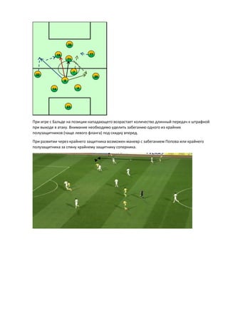 При игре с Бальде на позиции нападающего возрастает количество длинный передач к штрафной
при выходе в атаку. Внимание необходимо уделить забеганию одного из крайних
полузащитников (чаще левого фланга) под скидку вперед.
При развитии через крайнего защитника возможен маневр с забеганием Попова или крайнего
полузащитника за спину крайнему защитнику соперника.
23
22
14
29
4
7
20
8
7718
71
 