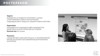 РОС ТЕЛЕ КОМ
О Б Р А З О В А Т Е Л Ь Н Ы Е П Р О Г Р А М М Ы И К Р Ы 2 0 1 4 / К О Р П О Р А Т И В Н О Е О Б У Ч Е Н ИЕ
Задача:
РАЗРАБОТАТЬ И ПРОВЕСТИ ПРОГРАММУ С ЦЕЛЬЮ
СТРУКТУРИРОВАТЬ РАБОТУ РЕГИОНАЛЬНЫХ
ПОДРАЗДЕЛЕНИЙ И ПОВЫСИТЬ ОБЩИЙ УРОВЕНЬ КРЕАТИВА 
 
Аудитория:
РУКОВОДИТЕЛИ ПОДРАЗДЕЛЕНИЙ, РУКОВОДИТЕЛИ
МАРКЕТИНГА СО ВСЕХ РЕГИОНОВ РОСТЕЛЕКОМ 
Количество: 60 человек
Решение:
СМОДЕЛИРОВАТЬ РАБОЧИЙ ПРОЦЕСС ОТ ФОРМИРОВАНИЯ
БРЕНДА ДО КОНКРЕТНЫХ КИВИЖУАЛОВ ДЛЯ РЕКЛАМНЫХ
НОСИТЕЛЕЙ
 