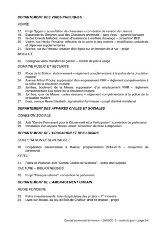 Conseil communal de Namur – 28/05/2015 – ordre du jour – page 2/4
DEPARTEMENT DES VOIES PUBLIQUES
VOIRIE
17. Projet Sygerco: auscultation de chaussées – convention de cession de créance
18. Esplanade du Grognon: quai des Chasseurs ardennais – gare d'eau – garantie bancaire
19. Ile des Grands Malades: mission d'assistance à maîtrise d'ouvrage – convention BEP
20. Vedrin, rue Hector Fontaine: réfection de la voirie et des trottoirs – modification unilatérale
et dépenses supplémentaires
21. Wierde, rue du Perseau: création d'un égout sur un tronçon de la rue – projet
MOBILITE
22. Consignes vélos: transfert de gestion – contrat de prêt à usage
DOMAINE PUBLIC ET SECURITE
23. Place de la Station: stationnement – règlement complémentaire à la police de la circulation
routière
24. Avenue Arthur Procès: suppression d'un emplacement PMR – règlement complémentaire à
la police de la circulation routière
25. Jambes, boulevard de la Meuse: suppression d'un emplacement PMR – règlement
complémentaire à la police de la circulation routière
26. Jambes, quai de Meuse: cartes riverains – règlement complémentaire à la police de la
circulation routière
27. Beez, avenue Reine Elisabeth: signalisation lumineuse – projet d'arrêté ministériel
DEPARTEMENT DES AFFAIRES CIVILES ET SOCIALES
COHESION SOCIALE
28. Asbl "Centre Permanent pour la Citoyenneté et la Participation": convention de partenariat
29. Installation d'un espace fitness urbain: convention de mise à disposition
DEPARTEMENT DE L'EDUCATION ET DES LOISIRS
COOPERATION DECENTRALISEE
30. Coopération décentralisée à Masina: programmation 2014-2016 – convention de
partenariat
FETES
31. Fêtes de Wallonie: asbl "Comité Central de Wallonie" – octroi d'un subside
CULTURE – BIBLIOTHEQUES
32. Projet "Fresque urbaine": convention de partenariat
DEPARTEMENT DE L'AMENAGEMENT URBAIN
REGIE FONCIERE
33. Petits investissements: liste récapitulative des projets – 1
er
trimestre
34. Lives-sur-Meuse, au lieu-dit Bois de Chafour: droit de chasse – projet
 