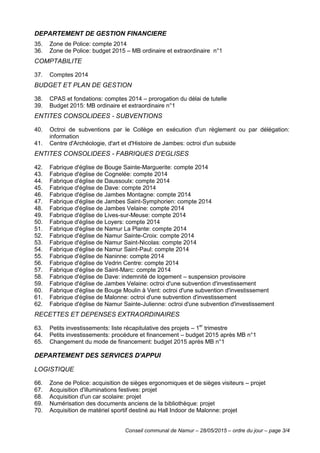 Conseil communal de Namur – 28/05/2015 – ordre du jour – page 3/4
DEPARTEMENT DE GESTION FINANCIERE
35. Zone de Police: compte 2014
36. Zone de Police: budget 2015 – MB ordinaire et extraordinaire n°1
COMPTABILITE
37. Comptes 2014
BUDGET ET PLAN DE GESTION
38. CPAS et fondations: comptes 2014 – prorogation du délai de tutelle
39. Budget 2015: MB ordinaire et extraordinaire n°1
ENTITES CONSOLIDEES - SUBVENTIONS
40. Octroi de subventions par le Collège en exécution d'un règlement ou par délégation:
information
41. Centre d'Archéologie, d'art et d'Histoire de Jambes: octroi d'un subside
ENTITES CONSOLIDEES - FABRIQUES D'EGLISES
42. Fabrique d'église de Bouge Sainte-Marguerite: compte 2014
43. Fabrique d'église de Cognelée: compte 2014
44. Fabrique d'église de Daussoulx: compte 2014
45. Fabrique d'église de Dave: compte 2014
46. Fabrique d'église de Jambes Montagne: compte 2014
47. Fabrique d'église de Jambes Saint-Symphorien: compte 2014
48. Fabrique d'église de Jambes Velaine: compte 2014
49. Fabrique d'église de Lives-sur-Meuse: compte 2014
50. Fabrique d'église de Loyers: compte 2014
51. Fabrique d'église de Namur La Plante: compte 2014
52. Fabrique d'église de Namur Sainte-Croix: compte 2014
53. Fabrique d'église de Namur Saint-Nicolas: compte 2014
54. Fabrique d'église de Namur Saint-Paul: compte 2014
55. Fabrique d'église de Naninne: compte 2014
56. Fabrique d'église de Vedrin Centre: compte 2014
57. Fabrique d'église de Saint-Marc: compte 2014
58. Fabrique d'église de Dave: indemnité de logement – suspension provisoire
59. Fabrique d'église de Jambes Velaine: octroi d'une subvention d'investissement
60. Fabrique d'église de Bouge Moulin à Vent: octroi d'une subvention d'investissement
61. Fabrique d'église de Malonne: octroi d'une subvention d'investissement
62. Fabrique d'église de Namur Sainte-Julienne: octroi d'une subvention d'investissement
RECETTES ET DEPENSES EXTRAORDINAIRES
63. Petits investissements: liste récapitulative des projets – 1er
trimestre
64. Petits investissements: procédure et financement – budget 2015 après MB n°1
65. Changement du mode de financement: budget 2015 après MB n°1
DEPARTEMENT DES SERVICES D'APPUI
LOGISTIQUE
66. Zone de Police: acquisition de sièges ergonomiques et de sièges visiteurs – projet
67. Acquisition d'illuminations festives: projet
68. Acquisition d'un car scolaire: projet
69. Numérisation des documents anciens de la bibliothèque: projet
70. Acquisition de matériel sportif destiné au Hall Indoor de Malonne: projet
 