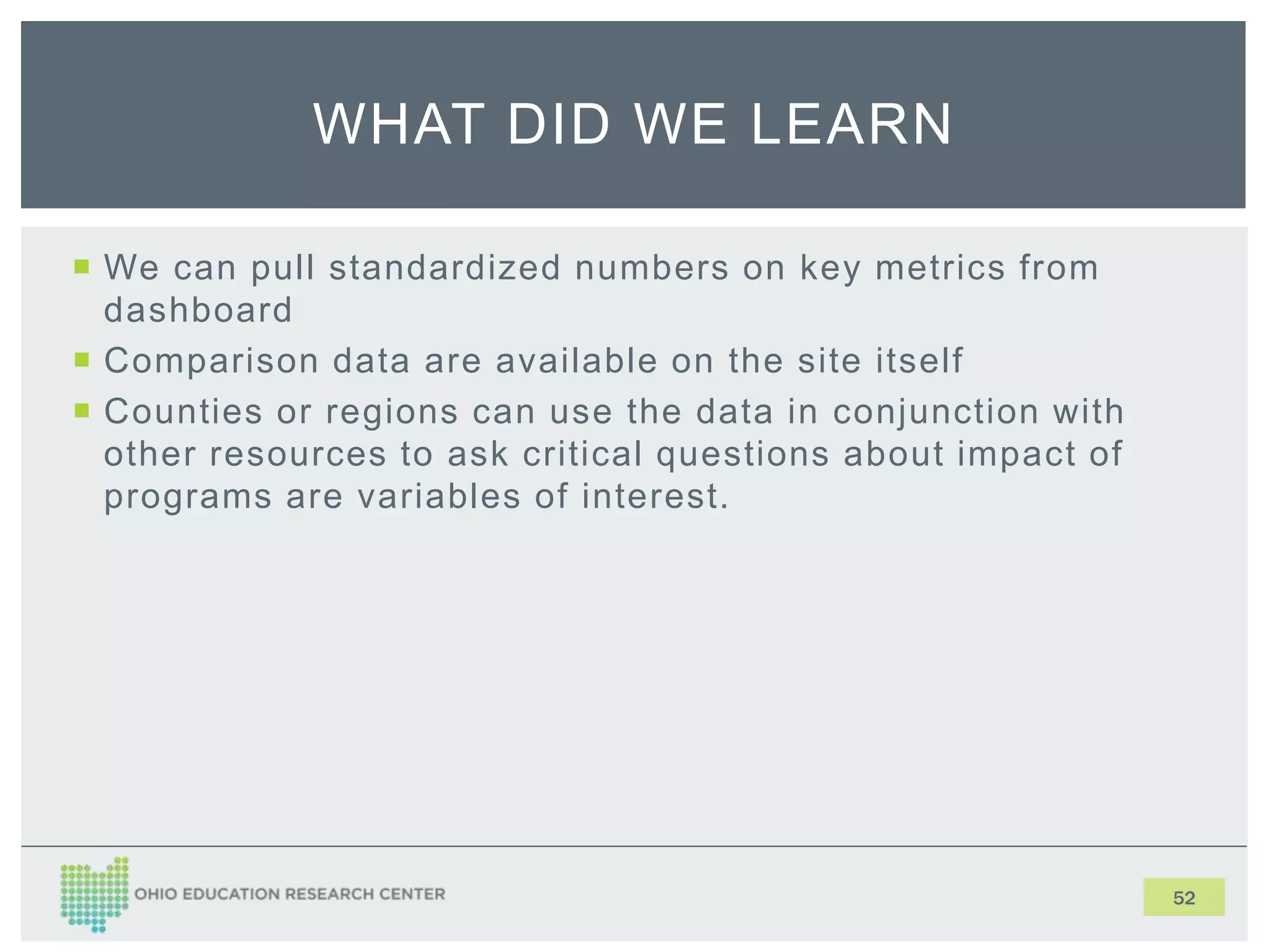  We can pull standardized numbers on key metrics from
dashboard
 Comparison data are available on the site itself
 Counties or regions can use the data in conjunction with
other resources to ask critical questions about impact of
programs are variables of interest.
52
WHAT DID WE LEARN
 