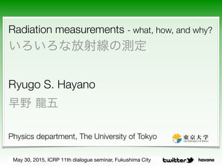 hayano
Radiation measurements - what, how, and why?
ʷ侀Μy
?
Ryugo S. Hayano
Ұ ?
?
Physics department, The University of Tokyo
May 30, 2015, ICRP 11th dialogue seminar, Fukushima City
 