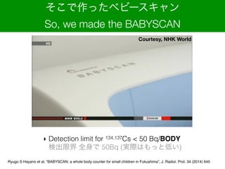 Courtesy, NHK World
ä٥ө`
So, we made the BABYSCAN
? Detection limit for 134,137Cs < 50 Bq/BODY?
ʳ޽ ȫ 50Bq (gHϤäȵͤ)
Ryugo?S Hayano et al, BABYSCAN: a whole body counter for small children in Fukushima, J. Radiol. Prot. 34 (2014) 645
 