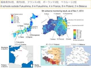 The Republican Center for Radiation Control and Environmental Monitoring
٥` Belarusݩ` Poland
Poitiers
(0.08?Sv/h)
Boulogne
(0.06?Sv/h)
Bastia
(0.10?Sv/h)
ե France
Ostroleka
Plock
Zabrze
Czestochowa
Otwock
Warszawa
Zabki
Poland
9th airborne monitoring result, as of Nov 7, 2014
Air dose rate (?Sv/h)
Japan
Fukushima
Prefecture
Fukushima Dai-ichi NPP
20 km
20 km
Boundary of the restricted zone
12 (Fukushima)
7 (Asaka) 8 (Iwaki)
9 (Aizu)
10 (Tamura)
11 (Adachi)
80 km
80 km
6 (Kanagawa)
5 (Ena)
4 (Tajimi)3. Nara
2. Nada
1. Fukuyama
Fukushima
(see Fig. 1)
Natural Radiation (?Gy/h)
0.127 <
0.109 - 0.127
0.0907 - 0.109
0.0725 - 0.0907
0.0543 - 0.0725
0.036 - 0.0543
0.0178 - 0.036
0.00571 - 0.0178
uh6Уh6Уե4Уݩ`8У٥`2У
6 schools outside Fukushima, 6 in Fukushima, 4 in France, 8 in Poland, 2 in Belarus
 