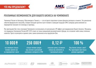 ЧТО МЫ ПРЕДЛАГАЕМ?
Чемпионат России по Автозвуку, Мультимедиа и Тюнингу — это не просто отраслевая тусовка фанатов автозвука и тюнинга. Это уникальное
событие федерального масштаба, которое посещают десятки тысяч человек и освещают ведущие СМИ. Солидную долю внимания на
мероприятии получают его спонсоры и партнеры.
Мы приглашаем Вас стать спонсором Чемпионата и использовать его рекламный и PR эффект для продвижения Вашего бизнеса. Убеждены,
что поддержка Чемпионата России АМТ-2015 станет не только имиджевой рекламой вашего бренда, но и позволит найти новых лояльных
клиентов. Просто посмотрите и оцените сами, какие возможности мы предлагаем Вам.
РЕКЛАМНЫЕ ВОЗМОЖНОСТИ ДЛЯ ВАШЕГО БИЗНЕСА НА ЧЕМПИОНАТЕ
как минимум столько
человек заметят вас
на мероприятии 4 июля
10 000 0,12 ₽
смешная сумма, но именно
столько вы заплатите за
1 рекламный контакт
столько человек увидят
ваш логотип в рекламной
кампании в интернете и СМИ
250 000 100 %
Ваш бизнес связан с авто?
Мы гарантируем вам только
целевую аудиторию!
AVTOZEBRA.RU
автомобильный портал
скидки для автовладельцев
 