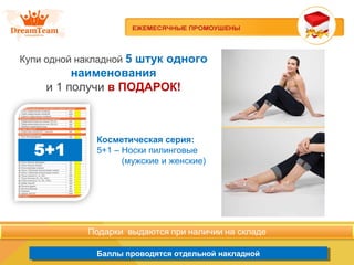 Продукция из Южной Кореи
Баллы проводятся отдельной накладнойБаллы проводятся отдельной накладной
Купи одной накладной 5 штук одного
наименования
и 1 получи в ПОДАРОК!
Косметическая серия:
5+1 – Носки пилинговые
(мужские и женские)
 