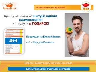 Продукция из Южной Кореи
Баллы проводятся отдельной накладнойБаллы проводятся отдельной накладной
Купи одной накладной 4 штуки одного
наименования
и 1 получи в ПОДАРОК!
Продукция из Южной Кореи:
4+1 – Шар для Свежести
 