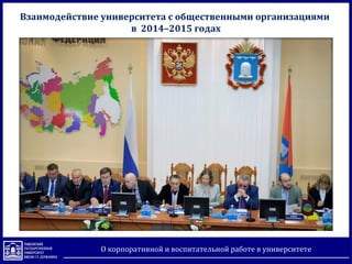 О корпоративной и воспитательной работе в университете
Взаимодействие университета с общественными организациями
в 2014–2015 годах
 