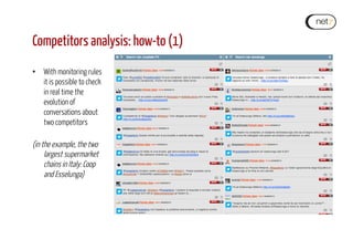 Competitors analysis: how-to (1)
•  With monitoring rules
it is possible to check
in real time the
evolution of
conversations about
two competitors
(in the example, the two
largest supermarket
chains in Italy: Coop
and Esselunga)
 