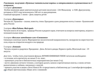 Участники получают «Путевые читательские карты» и отправляются в путешествие по 5
островам:
1 остров «Детство»
Особое внимание двум замечательным детским писателям – С.В. Михалкову и В.Ю. Драгунскому,
которым в 2015 году исполнилось 100 лет со дня рождения.
Главный праздник: 1 июня – День защиты детей
2 остров «Лукоморье»
Читаем А.С. Пушкина – сказки, повести, стихи. Праздник в день рождения поэта, 6 июня - Пушкинский
день России
3 остров «Моя Родина. Мой край»
Читаем книги об истории, природе России и родного края, отвечаем на вопросы викторины, играем в
познавательные игры
4 остров «Веселые затейники» или «Смешинки»
Смешные и весёлые книги. Мероприятия экологической направленности, экскурсии по окрестностям
села, игры на открытом воздухе и на природе
5 остров «Летний»
Читаем, играем и радуемся. Праздники - День Летнего дождя, Первого гриба, Яблочный спас - 19
августа
Для того, чтобы стать участником финала ЛЕТНИХ КНИЖНЫХ ГОНОК читателю необходимо:
- в течение лета прочитать не менее 5-ти книг;
- принимать участие в библиотечных мероприятиях (не менее 3-х);
- вести «Дневник летнего чтения», в котором делать записи о прочитанных книгах, о своих летних
развлечениях и забавах, связанных с книгой;
- принять участие в акции «Лето! Книга! Я!» и представить в библиотеку до 1 сентября фотографию
для общего фотоколлажа «Наше лето с книжкой»
 