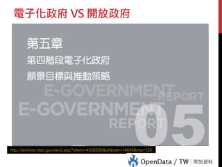 電子化政府 VS 開放政府
http://archive.rdec.gov.tw/ct.asp?xItem=4536636&ctNode=14645&mp=120
 
