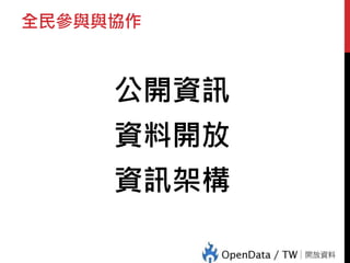 全民參與與協作
公開資訊
資料開放
資訊架構
 