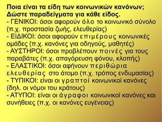 Ποια είναι τα είδη των κοινωνικών κανόνων;
Δώστε παραδείγματα για κάθε είδος.
- ΓΕΝΙΚΟΙ: όσοι αφορούν όλο το κοινωνικό σύνολο
(π.χ. προστασία ζωής, ελευθερίας)
- ΕΙΔΙΚΟΙ: όσοι αφορούν επιμέρους κοινωνικές
ομάδες (π.χ. κανόνες για οδηγούς, μαθητές)
- ΑΥΣΤΗΡΟΙ: όσοι προβλέπουν ποινές για τους
παραβάτες (π.χ. απαγόρευση φόνου, κλοπής)
- ΕΛΑΣΤΙΚΟΙ: όσοι αφήνουν περιθώρια
ελευθερίας στο άτομο (π.χ. τρόπος ενδυμασίας)
- ΤΥΠΙΚΟΙ: είναι οι γραπτοί κοινωνικοί κανόνες
(δηλ. οι νόμοι του κράτους)
- ΑΤΥΠΟΙ: είναι οι άγραφοι κοινωνικοί κανόνες και
συνήθειες (π.χ. οι κανόνες ευγένειας)
 