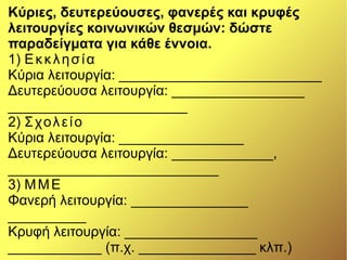 Κύριες, δευτερεύουσες, φανερές και κρυφές
λειτουργίες κοινωνικών θεσμών: δώστε
παραδείγματα για κάθε έννοια.
1) Εκκλησία
Κύρια λειτουργία: __________________________
Δευτερεύουσα λειτουργία: _________________
_______________________
2) Σχολείο
Κύρια λειτουργία: ________________
Δευτερεύουσα λειτουργία: _____________,
___________________________
3) ΜΜΕ
Φανερή λειτουργία: _______________
__________
Κρυφή λειτουργία: _________________
____________ (π.χ. _______________ κλπ.)
 