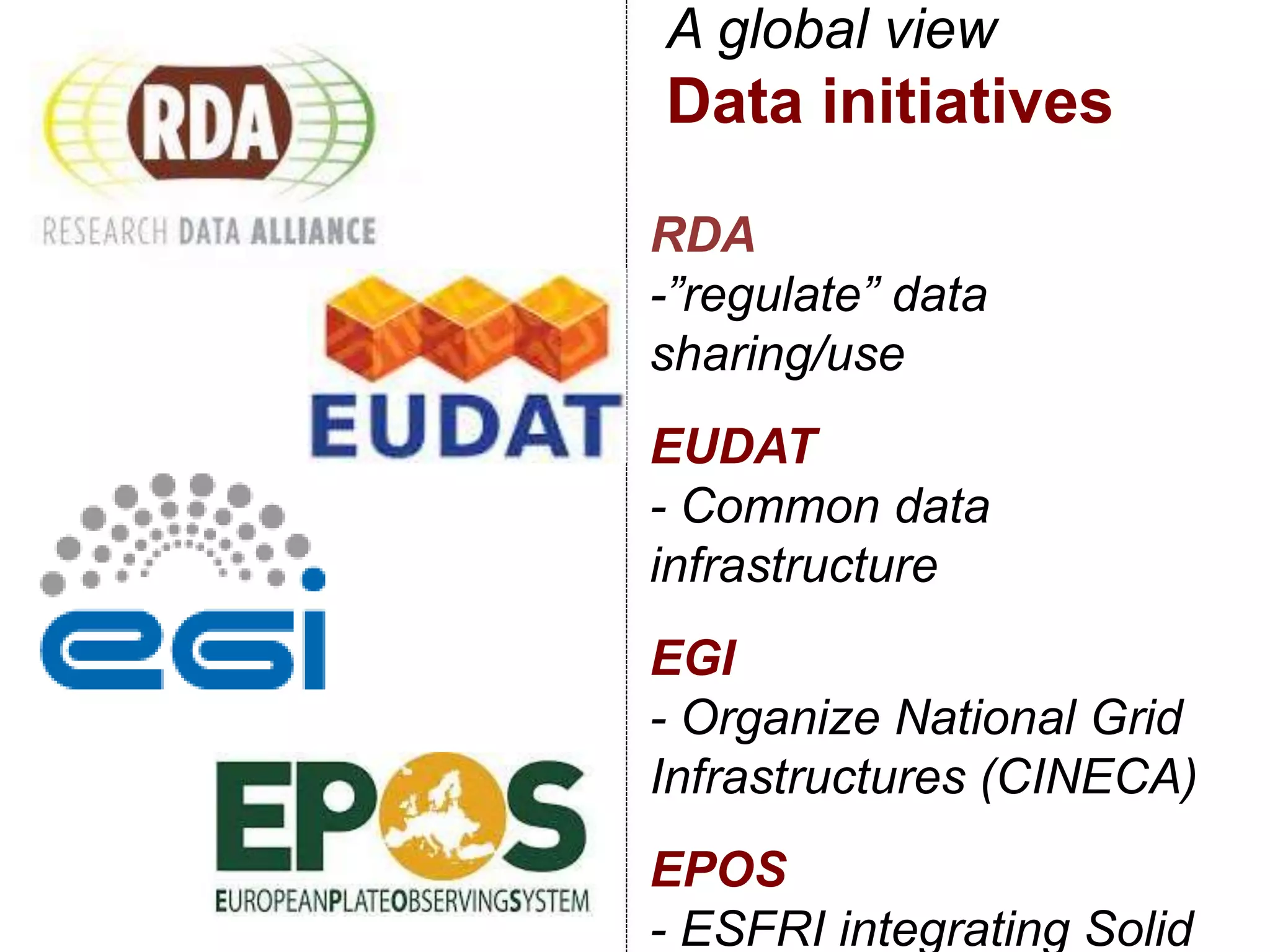 A global view
Data initiatives
RDA
-”regulate” data
sharing/use
EUDAT
- Common data
infrastructure
EGI
- Organize National Grid
Infrastructures (CINECA)
EPOS
- ESFRI integrating Solid
 