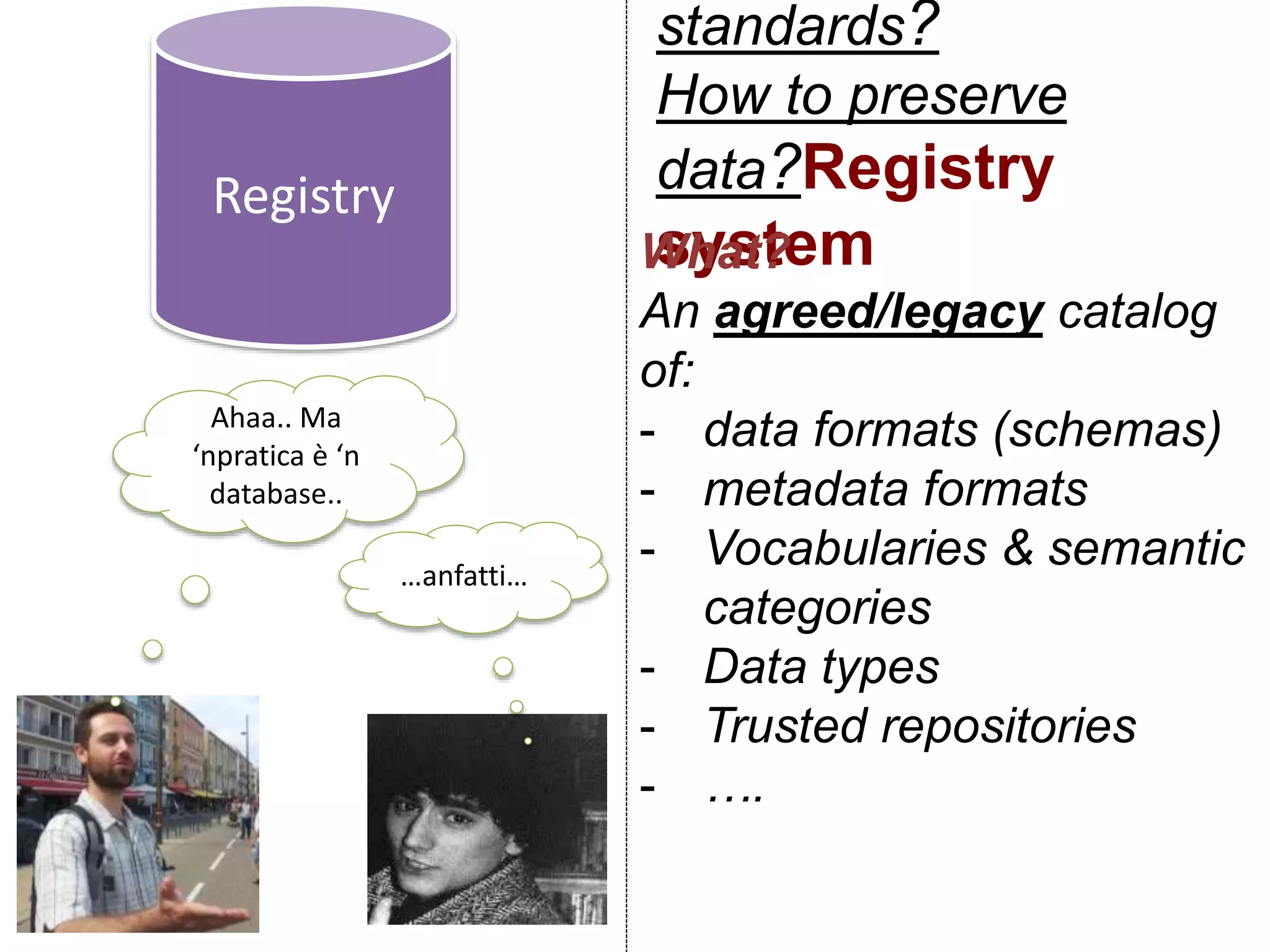 standards?
How to preserve
data?Registry
systemWhat?
An agreed/legacy catalog
of:
- data formats (schemas)
- metadata formats
- Vocabularies & semantic
categories
- Data types
- Trusted repositories
- ….
Registry
Ahaa.. Ma
‘npratica è ‘n
database..
…anfatti…
 