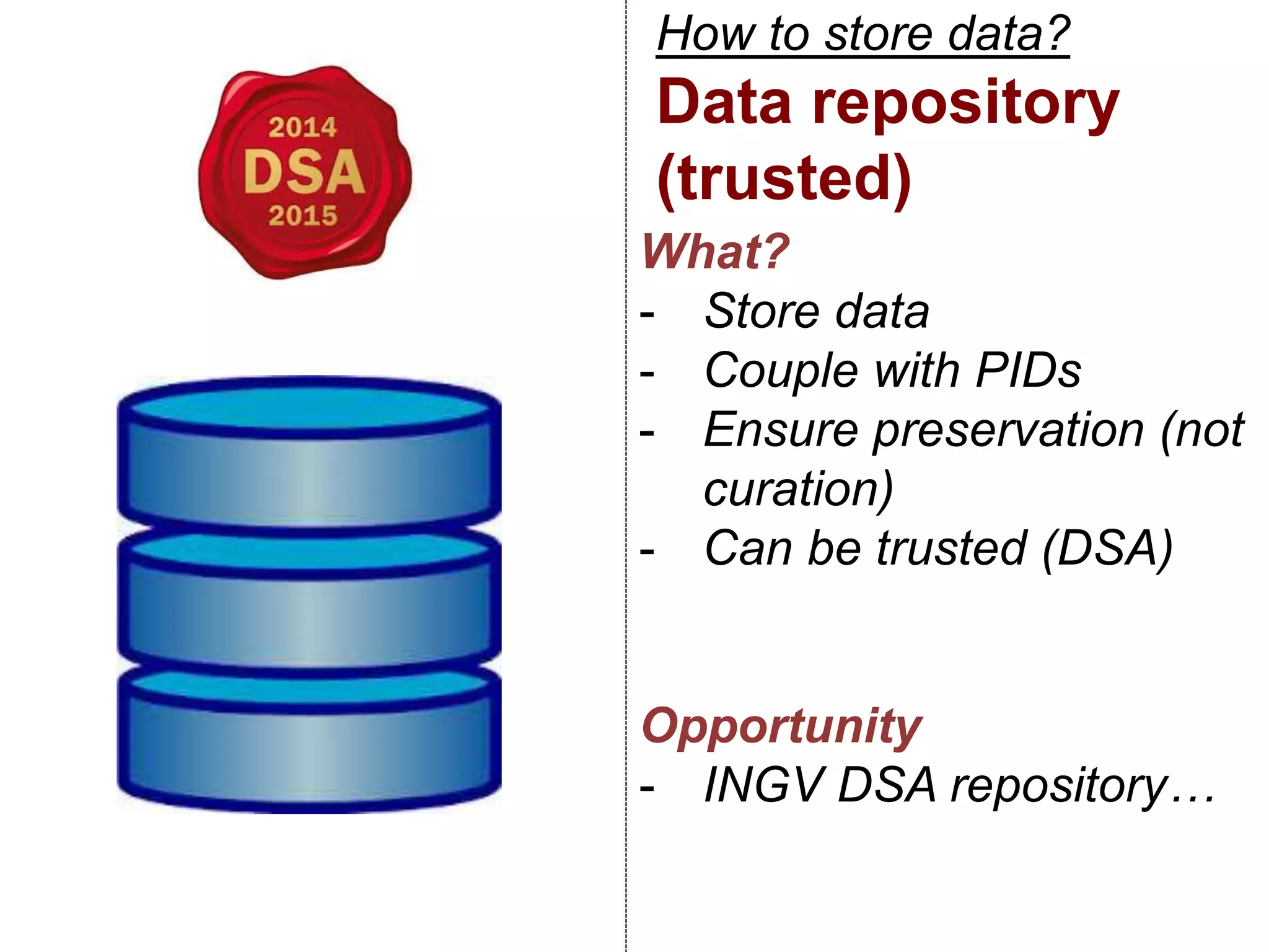 How to store data?
Data repository
(trusted)
What?
- Store data
- Couple with PIDs
- Ensure preservation (not
curation)
- Can be trusted (DSA)
Opportunity
- INGV DSA repository…
 