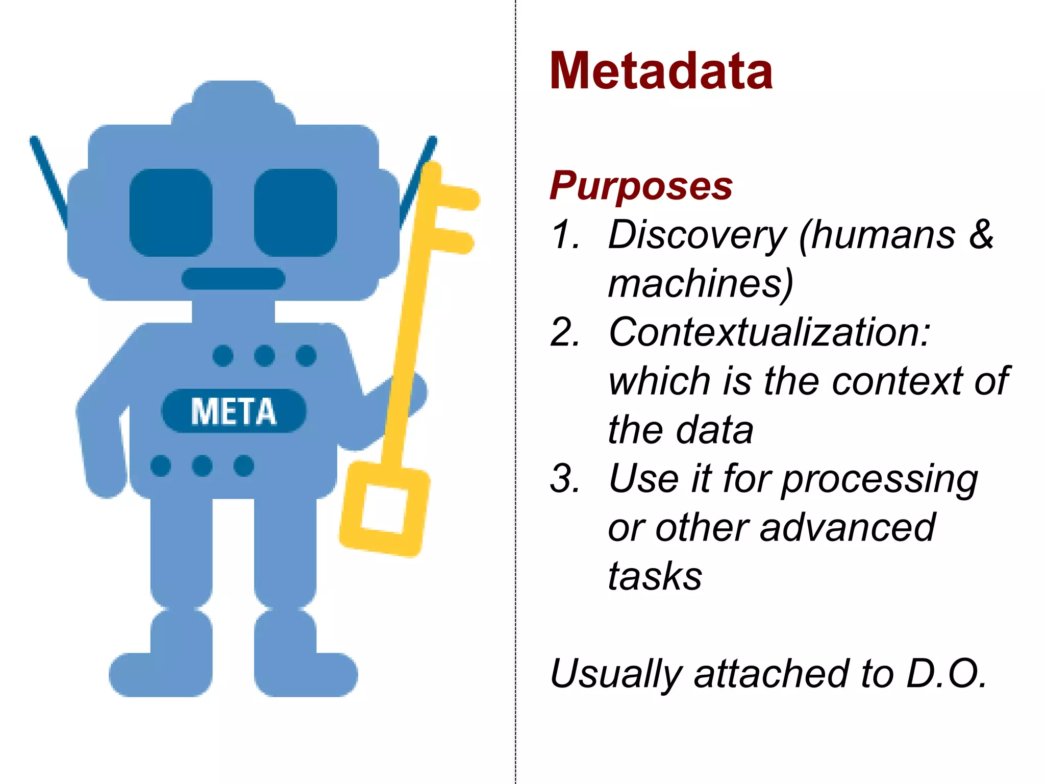 Metadata
Purposes
1. Discovery (humans &
machines)
2. Contextualization:
which is the context of
the data
3. Use it for processing
or other advanced
tasks
Usually attached to D.O.
 