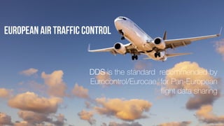 European air traffic control
DDS is the standard recommended by
Eurocontrol/Eurocae for Pan-European
ﬂight data sharing
 