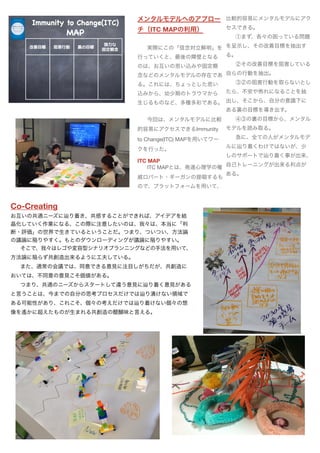 メンタルモデルへのアプロー
チ（ITC MAPの利用）
実際にこの「信念対立解明」を
行っていくと、最後の障壁となる
のは、お互いの思い込みや固定概
念などのメンタルモデルの存在であ
る。これには、ちょっとした思い
込みから、幼少期のトラウマから
生じるものなど、多種多彩である。
今回は、メンタルモデルに比較
的容易にアクセスできるImmunity
to Change(ITC) MAPを用いてワー
クを行った。

ITC MAP
ITC MAPとは、発達心理学の権
威ロバート・ギーガンの提唱するも
ので、プラットフォームを用いて、
比較的容易にメンタルモデルにアク
セスできる。

①まず、各々の困っている問題
を呈示し、その改善目標を抽出す
る。

②その改善目標を阻害している
自らの行動を抽出。

③②の阻害行動を取らないとし
たら、不安や怖れになることを抽
出し、そこから、自分の意識下に
ある裏の目標を導き出す。

④③の裏の目標から、メンタル
モデルを読み取る。

急に、全ての人がメンタルモデ
ルに り着くわけではないが、少
しのサポートで り着く事が出来、
自己トレーニングが出来る利点が
ある。

Co-Creating
お互いの共通ニーズに り着き、共感することができれば、アイデアを結
晶化していく作業になる、この際に注意したいのは、我々は、本当に「判
断・評価」の世界で生きているということだ。つまり、ついつい、方法論
の議論に陥りやすく。もとのダウンローディングが議論に陥りやすい。

そこで、我々はレゴや変容型シナリオプランニングなどの手法を用いて、
方法論に陥らず共創造出来るように工夫している。

また、通常の会議では、同意できる意見に注目しがちだが、共創造に
おいては、不同意の意見こそ価値がある。

つまり、共通のニーズからスタートして違う意見に り着く意見がある
と言うことは、今までの自分の思考プロセスだけでは り漬けない領域で
ある可能性があり、これこそ、個々の考えだけでは り着けない個々の想
像を遙かに超えたものが生まれる共創造の醍醐味と言える。
 