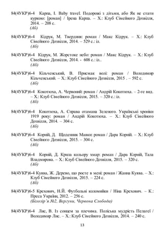 13
84(4УКР)6-4 Карпа, І. Baby travel. Подорожі з дітьми, або Як не стати
куркою: [роман] / Ірена Карпа. – Х.: Клуб Сімейного Дозвілля,
2014. – 208 с.
(Аб)
84(4УКР)6-4 Кідрук, М. Твердиня: роман / Макс Кідрук. – Х.: Клуб
Сімейного Дозвілля, 2014. – 529 с.: іл.
(Аб)
84(4УКР)6-4 Кідрук, М. Жорстоке небо: роман / Макс Кідрук. – Х.: Клуб
Сімейного Дозвілля, 2014. - 608 с.: іл..
(Аб)
84(4УКР)6-4 Кільченський, В. Присмак волі: роман / Володимир
Кільченський. – Х.: Клуб Сімейного Дозвілля, 2015 . – 592 с.
(Аб)
84(4УКР)6-4 Кокотюха, А. Червоний: роман / Андрій Кокотюха. – 2-ге вид.
– Х.: Клуб Сімейного Дозвілля, 2015. – 320 с.: іл.
(Аб)
84(4УКР)6-4 Кокотюха, А. Справа отамана Зеленого. Українські хроніки
1919 року: роман / Андрій Кокотюха. – Х.: Клуб Сімейного
Дозвілля, 2014. – 304 с.
(Аб)
84(4УКР)6-4 Корній, Д. Щоденник Мавки: роман / Дара Корній. – Х.: Клуб
Сімейного Дозвілля, 2015. – 304 с.
(Аб)
84(4УКР)6-4 Корній, Д. Крила кольору хмар: роман / Дара Корній, Тала
Владмирова. – Х.: Клуб Сімейного Дозвілля, 2015. – 320 с.
(Аб)
84(4УКР)6-4 Куява, Ж. Дерево, що росте в мені: роман / Жанна Куява. – Х.:
Клуб Сімейного Дозвілля, 2015. – 224 с.
(Аб)
84(4УКР)6-5 Крехович, Н.Й. Футбольні коломийки / Ніна Крехович. – К.:
Преса України, 2012. – 256 с.
(Білозір’я №2, Вергуни, Червона Слобода)
84(4УКР)6-4 Лис, В. Із сонцем за плечима. Поліська мудрість Пелагеї /
Володимир Лис. – Х.: Клуб Сімейного Дозвілля, 2014. – 240 с.
 