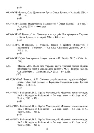 8
(Аб)
63.3(4УКР) Бузина, О.А. Докиевская Русь / Олесь Бузина. – К.: Арий, 2014. –
272 с.: ил.
(Аб)
63.3(4УКР) Бузина, Воскрешение Малороссии / Олесь Бузина. – 2-е изд. –
К.: Арий, 2014. – 400 с.: ил.
(Аб)
63.3(4УКР)52 Бузина, О.А. Союз плуга и трезуба. Как придумали Украину
/ Олесь Бузина. – К.: Арий, 2014. – 496 с.: ил.
(Аб)
63.3(4УКР)6 В’ятрович, В. Україна. Історія з грифом «Секретно» /
Володимир В’ятрович. – Х.: Клуб Сімейного Дозвілля, 2015. –
512 с.: іл.
(Аб)
63.3(4УКР-2К)я6 Ілюстрована історія Києва. – К.: Фенікс, 2012. – 424 с.: іл.
(Аб)
63.5 Шкода, М.Н. Люба моя Україна: свята, традиції, звичаї, обряди,
прикмети та повір’я українського народу / М.Н. Шкода; [худож.
О.І. Альбрехт]. – Донецьк: БАО, 2012. – 544 с.: іл.
(Аб)
63.52(4УКР)я2 Багнюк, А.Л. Символи українознавства: художньо-інформ.
довід. / Анатолій Багнюк. – Тернопіль: Навчальна книга- Богдан,
2010. – 512 с.: іл.
(Аб)
63.3(4РОС) Білінський, В.Б. Країна Москель, або Московія: роман-дослідж.
Кн.1 / Володимир Білінський. – 2-е вид., випр. – К.: Вид. ім. О.
Теліги, 2010. – 376 с.
(Аб)
63.3(4РОС) Білінський, В.Б. Країна Москель, або Московія: роман-дослідж.
Кн.2 / Володимир Білінський. – 2-е вид., випр. – К.: Вид. ім. О.
Теліги, 2010. – 319 с.
(Аб)
63.3(4РОС) Білінський, В.Б. Країна Москель, або Московія: роман-дослідж.
Кн.3 / Володимир Білінський. – 2-е вид., випр. – К.: Вид. ім. О.
Теліги, 2010. – 320 с.
 