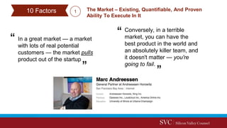 In a great market — a market
with lots of real potential
customers — the market pulls
product out of the startup
The Market – Existing, Quantifiable, And Proven
Ability To Execute In It
Conversely, in a terrible
market, you can have the
best product in the world and
an absolutely killer team, and
it doesn't matter — you're
going to fail.
10 Factors 1
 