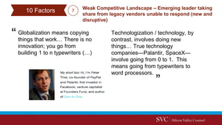 Globalization means copying
things that work… There is no
innovation; you go from
building 1 to n typewriters (…)
Weak Competitive Landscape – Emerging leader taking
share from legacy vendors unable to respond (new and
disruptive)
Technologization / technology, by
contrast, involves doing new
things… True technology
companies—Palantir, SpaceX—
involve going from 0 to 1. This
means going from typewriters to
word processors.
10 Factors 7
 