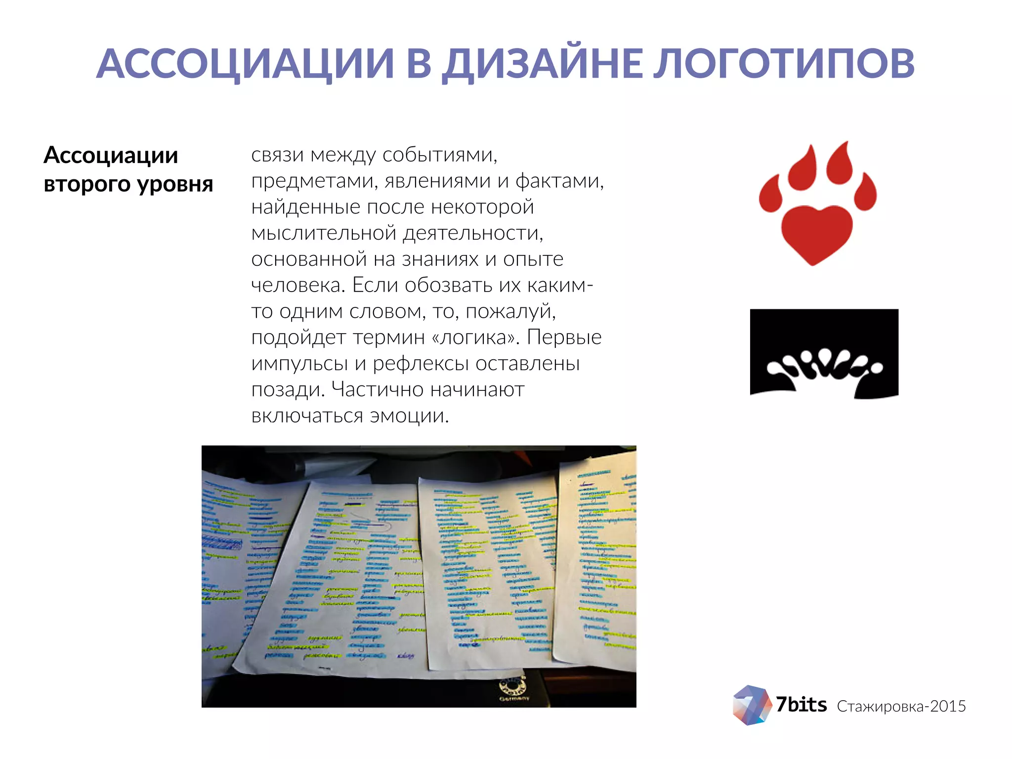 Стажировка-2015
ассоциации в дизайне логотипов
Ассоциации
второго уровня
связи между событиями,
предметами, явлениями и фактами,
найденные после некоторой
мыслительной деятельности,
основанной на знаниях и опыте
человека. Если обозвать их каким-
то одним словом, то, пожалуй,
подойдет термин «логика». Первые
импульсы и рефлексы оставлены
позади. Частично начинают
включаться эмоции.
	
 