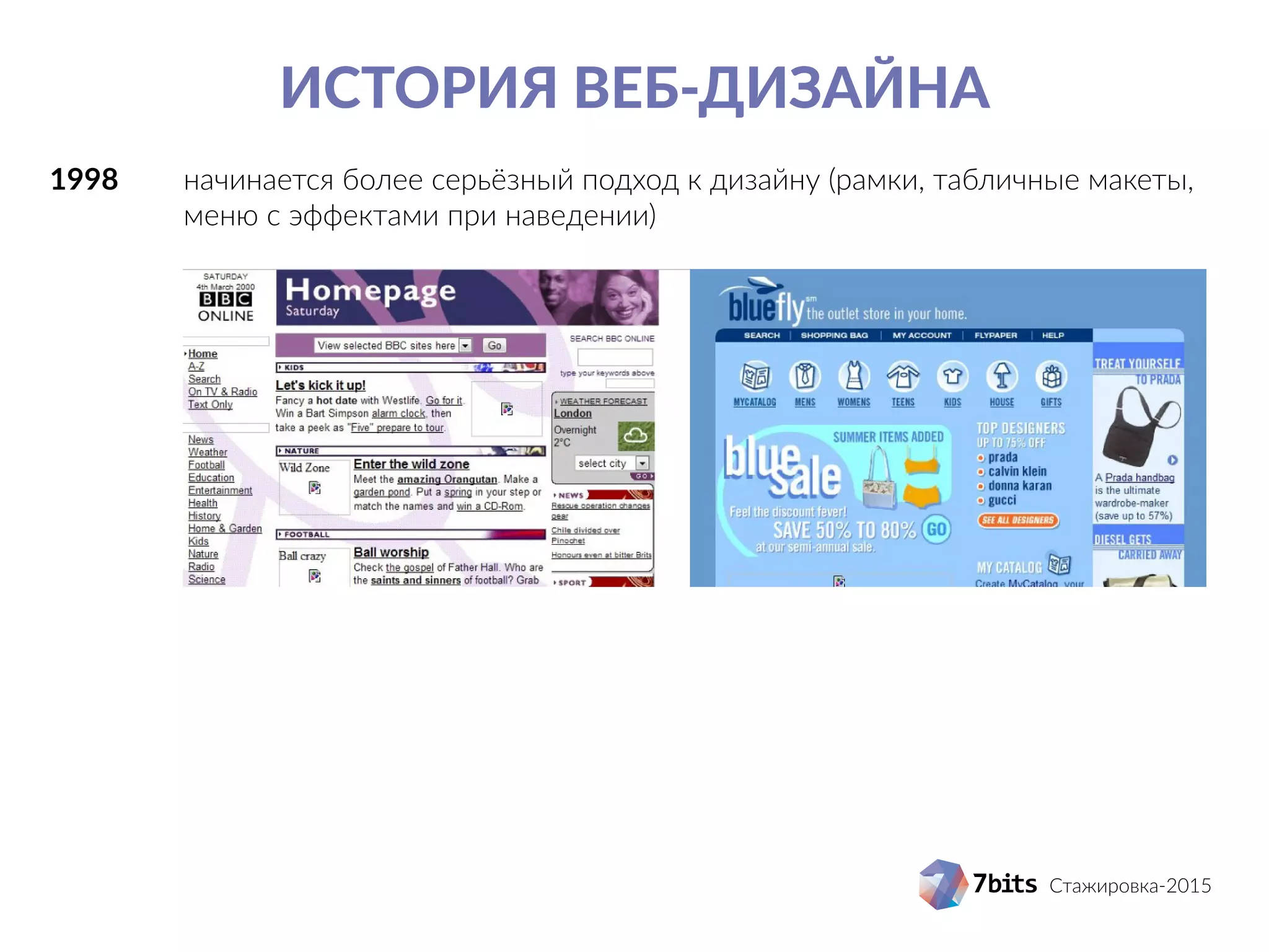 Стажировка-2015
История веб-дизайна
1998		 начинается более серьёзный подход к дизайну (рамки, табличные макеты, 		
			 меню с эффектами при наведении)
 