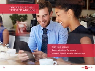 15
THE AGE OF THE
TRUSTED ADVISOR
•  High-Touch at Scale
•  Personalized and Personable
•  Informed by Data, Built on Relationships
 