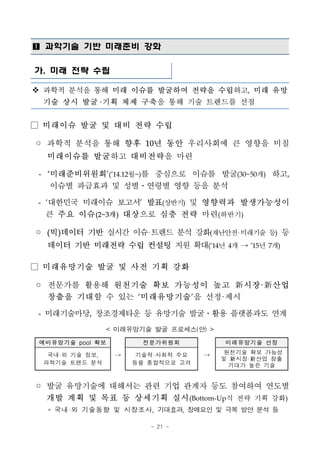 - 21 -
■ 과학기술 기반 미래준비 강화
가. 미래 전략 수립
v 과학적 분석을 통해 미래 이슈를 발굴하여 전략을 수립하고, 미래 유망
기술 상시 발굴 기획 체제 구축을 통해 기술 트렌드를 선점
□ 미래이슈 발굴 및 대비 전략 수립
◦ 과학적 분석을 통해 향후 10년 동안 우리사회에 큰 영향을 미칠
미래이슈를 발굴하고 대비전략을 마련
- ‘미래준비위원회’(’14.12월~)를 중심으로 이슈를 발굴(30~50개) 하고,
이슈별 파급효과 및 성별ㆍ연령별 영향 등을 분석
- ‘대한민국 미래이슈 보고서’ 발표(상반기) 및 영향력과 발생가능성이
큰 주요 이슈(2~3개) 대상으로 심층 전략 마련(하반기)
◦ (빅)데이터 기반 실시간 이슈 트렌드 분석 강화(재난안전 미래기술 등) 등
데이터 기반 미래전략 수립 컨설팅 지원 확대(‘14년 4개 → ’15년 7개)
□ 미래유망기술 발굴 및 사전 기획 강화
◦ 전문가를 활용해 원천기술 확보 가능성이 높고 新시장·新산업
창출을 기대할 수 있는 ‘미래유망기술’을 선정·제시
- 미래기술마당, 창조경제타운 등 유망기술 발굴․활용 플랫폼과도 연계
< 미래유망기술 발굴 프로세스(안) >
예비유망기술 pool 확보 전문가위원회 미래유망기술 선정
국내·외 기술 정보,
과학기술 트렌드 분석
→ 기술적·사회적 수요
등을 종합적으로 고려
→ 원천기술 확보 가능성
및 新시장·新산업 창출
기대가 높은 기술
◦ 발굴 유망기술에 대해서는 관련 기업 관계자 등도 참여하여 연도별
개발 계획 및 목표 등 상세기획 실시(Bottom-Up식 전략 기획 강화)
* 국내·외 기술동향 및 시장조사, 기대효과, 장애요인 및 극복 방안 분석 등
 