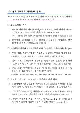 - 25 -
라. 창의적․도전적 기초연구 강화
v X-프로젝트 추진, 기초연구 투자 확대 등 새로운 문제, 미지의 영역에
대한 도전을 통해 새로운 미래에 대한 준비 강화
□ X-프로젝트 추진
ㅇ 새로운 시각에서 새로운 문제(X)를 발굴하고, 문제 해결에 새로운
방식으로 도전하는 연구팀 선정ㆍ지원(’15년 200억 내외)
* (예시) 기존과는 반대 개념(특정부분을 어둡게하는 램프), 퀀텀점프개념(Zero to One)
ㅇ 선정평가, 과제관리 등에서 혁신적 사업모델을 정립하고, 연구
현장에 도전적 마인드(X마인드)를 확산
□ 기초활동의 융합과 시너지 창출을 위한「기초연구 2.0 추진전략」수립(6월)
◦ (연계 강화) 기초연구사업과 기초연구 활동과의 연계로 시너지 창출
* 대형첨단연구장비 활용 촉진, 기초연구 국제협력 활성화 등 추진
◦ (참여 확대) 기초연구에 민간기업, 공공기관의 실질적 참여 확대
* 공공기관 기초연구 투자금액 : ’14년 실적 2,226억원 → ’15년 권고안 2,521억원
◦ (투자 확대) 연구역량별ㆍ학문분야별 특성을 고려한 맞춤형 지원 및
연구자 중심의 안정적ㆍ장기적 연구 지원
* 정부R&D 중 기초연구 투자 비중 : ’13년 35.4% → ’15년 38.3% → ’17년 40%
□ 글로벌 기초연구 거점으로서의 과학벨트 위상 확보
◦ (기초과학연구원 글로벌화) 외부방문연구자 프로그램·인턴십을 활성화
(‘15년 100명) 및 해외 주요 연구기관과 국제공동연구 및 교류채널 확산
◦ (기초과학연구원 설립) 과학벨트에 산학연이 교류·소통하는 도심형
사이언스파크로서 ‘기초과학연구원’ 건설 추진(‘17년말 본원 완공)
◦ (산학연 연계거점 마련) 기능지구 내 ‘S cience-Biz 플라자’를 조성
(‘15년말 착공)하여 기초연구성과 사업화 연계의 장으로 활용
 