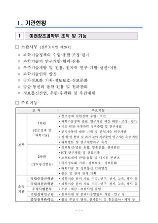 - 1 -
Ⅰ. 기관현황
1 미래창조과학부 조직 및 기능
□ 소관사무 (정부조직법 제28조)
◦ 과학기술정책의 수립·총괄·조정·평가
◦ 과학기술의 연구개발·협력·진흥
◦ 우주기술개발 및 진흥, 원자력 연구 개발 생산·이용
◦ 과학기술인력 양성
◦ 국가정보화 기획·정보보호·정보문화
◦ 방송·통신의 융합·진흥 및 전파관리
◦ 정보통신산업, 우편·우편환 및 우편대체
□ 주요기능
조 직 주요기능
본부
1차관
(창조경제 및
과학기술)
▪창조경제 실현전략 수립․추진
▪과학기술정책 총괄, 연구개발 예산 배분․조정․평가
▪기초·원천 거대과학 정책수립 및 연구개발
▪신성장동력 발굴 기획 및 산업기술 연구개발
▪산·학·연 협력 및 과기 분야 정부출연 연구기관 육성·지원
▪과학벨트 및 연구개발특구 육성
2차관
(정보통신방송)
▪정보통신·방송 융합, 방송진흥, 전파관리
▪ICT 연구개발 및 산업진흥
▪소프트웨어 산업·융합 및 디지털 콘텐츠
▪국가정보화 기획․정보보호․정보문화
▪과학기술 및 정보통신 인재양성
▪통신 및 전파 정책 기획
소속
기관
국립중앙과학관 ▪과학기술 분야 자료 수집, 연구, 전시, 교육, 행사 등
국립과천과학관 ▪과학기술 분야 자료 수집, 연구, 전시, 교육, 행사 등
우정사업본부 ▪우편․예금․보험사업 운영
국립전파연구원 ▪전파자원 및 전파이용방법의 개발․연구 등
중앙전파관리소 ▪불법 무선국 단속, 전파감시 및 혼신조사․제거 등
 