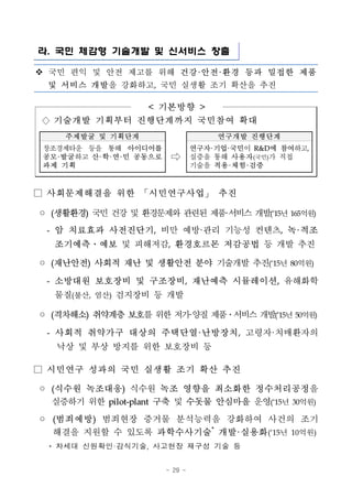 - 29 -
라. 국민 체감형 기술개발 및 신서비스 창출
v 국민 편익 및 안전 제고를 위해 건강·안전·환경 등과 밀접한 제품
및 서비스 개발을 강화하고, 국민 실생활 조기 확산을 추진
< 기본방향 >
◇ 기술개발 기획부터 진행단계까지 국민참여 확대
주제발굴 및 기획단계 연구개발 진행단계
창조경제타운 등을 통해 아이디어를
공모·발굴하고 산·학·연·민 공동으로
과제 기획
⇨ 연구자·기업·국민이 R&D에 참여하고,
실증을 통해 사용자(국민)가 직접
기술을 적용·체험·검증
□ 사회문제해결을 위한 「시민연구사업」 추진
◦ (생활환경) 국민건강및환경문제와관련된제품·서비스개발(‘15년165억원)
- 암 치료효과 사전진단기, 비만 예방·관리 기능성 컨텐츠, 녹·적조
조기예측․예보 및 피해저감, 환경호르몬 저감공법 등 개발 추진
◦ (재난안전) 사회적 재난 및 생활안전 분야 기술개발 추진(‘15년 80억원)
- 소방대원 보호장비 및 구조장비, 재난예측 시뮬레이션, 유해화학
물질(불산, 염산) 검지장비 등 개발
◦ (격차해소) 취약계층 보호를위한저가·양질제품․서비스개발(’15년50억원)
- 사회적 취약가구 대상의 주택단열·난방장치, 고령자·치매환자의
낙상 및 부상 방지를 위한 보호장비 등
□ 시민연구 성과의 국민 실생활 조기 확산 추진
◦ (식수원 녹조대응) 식수원 녹조 영향을 최소화한 정수처리공정을
실증하기 위한 pilot-plant 구축 및 수돗물 안심마을 운영(‘15년 30억원)
◦ (범죄예방) 범죄현장 증거물 분석능력을 강화하여 사건의 조기
해결을 지원할 수 있도록 과학수사기술*
개발·실용화(‘15년 10억원)
* 차세대 신원확인·감식기술, 사고현장 재구성 기술 등
 