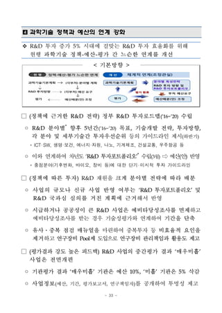 - 33 -
■ 과학기술 정책과 예산의 연계 강화
v R&D 투자 증가 5% 시대에 걸맞는 R&D 투자 효율화를 위해
현행 과학기술 정책-예산-평가 간 느슨한 연계를 개선
< 기본방향 >
□ (정책에 근거한 R&D 전략) 정부 R&D 투자로드맵(’16~’20) 수립
◦ R&D 분야별*
향후 5년간(’16~’20) 목표, 기술개발 전략, 투자방향,
각 분야 및 세부기술간 투자우선순위 등의 가이드라인 제시(하반기)
* ICT SW, 생명·보건, 에너지·자원, 나노, 기계제조, 건설교통, 우주항공 등
◦ 이와 연계하여 차년도‘R&D 투자포트폴리오’
*
수립(3월) ⇨예산(안) 반영
* 중점분야(기후변화, 바이오, 장비 등)에 대한 단기 미시적 투자 가이드라인
□ (정책에 따른 투자) R&D 재원을 크게 분야별 전략에 따라 배분
◦ 사업의 규모나 신규 사업 반영 여부는 ‘R&D 투자포트폴리오’ 및
R&D 국과심 심의를 거친 계획에 근거해서 반영
◦ 시급하거나 공공성이 큰 R&D 사업은 예비타당성조사를 면제하고
예비타당성조사를 받는 경우 기술성평가와 연계하여 기간을 단축
◦ 유사․중복 점검 매뉴얼을 마련하여 중복투자 등 비효율적 요인을
제거하고 연구장비 Pool제 도입으로 연구장비 관리책임과 활용도 제고
□ (평가결과 강도 높은 피드백) R&D 사업의 중간평가 결과 ‘매우미흡’
사업은 전면개편
◦ 기관평가 결과 ‘매우미흡’ 기관은 예산 10%, ‘미흡’ 기관은 5% 삭감
◦ 사업정보(예산, 기간, 평가보고서, 연구책임자)를 공개하여 투명성 제고
 