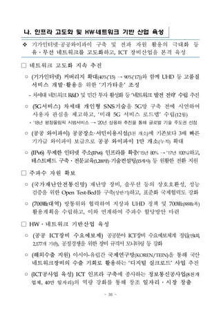 - 36 -
나. 인프라 고도화 및 HW․네트워크 기반 산업 육성
v 기가인터넷·공공와이파이 구축 및 전파 자원 활용의 극대화 등
유․무선 네트워크를 고도화하고, ICT 장비산업을 본격 육성
□ 네트워크 고도화 지속 추진
◦ (기가인터넷) 커버리지 확대(40%(’15) → 90%(`17))와 함께 UHD 등 고품질
서비스 개발·활용을 위한 ‘기가타운’ 조성
- 차세대네트워크R&D 및민간투자활성화등‘네트워크발전전략’ 수립추진
◦ (5G서비스) 차세대 개인형 SNS기술을 5G망 구축 전에 시연하여
사용자 관심을 제고하고, ‘미래 5G 서비스 로드맵’ 수립(12월)
* `18년 평창올림픽 시범서비스 → `20년 상용화 추진을 통해 글로벌 기술 주도권 선점
◦ (공공 와이파이) 공공장소·서민이용시설(3천 개소)에 기존보다 3배 빠른
기가급 와이파이 보급으로 공공 와이파이 1만 개소(누적) 확대
◦ (IPv6) 무제한 인터넷 주소(IPv6) 인프라를 확충(‘15년 80% → ‘17년 100%)하고,
테스트베드 구축․전문교육(1,200명)·기술컨설팅(15개사) 등원활한 전환지원
□ 주파수 자원 확보
◦ (국가재난안전통신망) 재난망 장비, 솔루션 등의 상호호환성, 성능
검증을 위한 Open Test-Bed를 구축(상반기)하고, 표준화 국제협력도 강화
◦ (700㎒대역) 방통위와 협력하여 지상파 UHD 정책 및 700㎒(88㎒폭)
활용계획을 수립하고, 이와 연계하여 주파수 할당방안 마련
□ HW․네트워크 기반산업 육성
◦ (공공 ICT장비 수요예보제) 공공분야 ICT장비 수요예보체계 정립(연4회,
2,177개기관), 공정경쟁을위한장비규격서모니터링등강화
◦ (해외수출 지원) 아시아-유럽간 국제연구망(KOREN/TEIN)을 통해 국산
네트워크장비의 수출 기회로 활용하는 ‘디지털 실크로드’ 사업 추진
◦ (ICT공사업 육성) ICT 인프라 구축에 종사하는 정보통신공사업(8천개
업체, 40만 일자리)의 역량 강화를 통해 창조 일자리․시장 창출
 