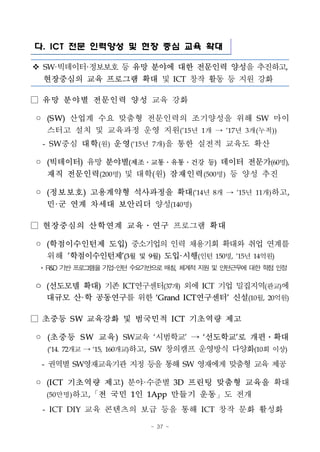 - 37 -
다. ICT 전문 인력양성 및 현장 중심 교육 확대
v SW·빅데이터·정보보호 등 유망 분야에 대한 전문인력 양성을 추진하고,
현장중심의 교육 프로그램 확대 및 ICT 창작 활동 등 지원 강화
□ 유망 분야별 전문인력 양성 교육 강화
◦ (S W) 산업계 수요 맞춤형 전문인력의 조기양성을 위해 SW 마이
스터고 설치 및 교육과정 운영 지원(’15년 1개 → ’17년 3개(누적))
- SW중심 대학(원) 운영(‘15년 7개)을 통한 실전적 교육도 확산
◦ (빅데이터) 유망 분야별(제조․교통․유통․건강 등) 데이터 전문가(60명),
재직 전문인력(200명) 및 대학(원) 잠재인력(500명) 등 양성 추진
◦ (정보보호) 고용계약형 석사과정을 확대(‘14년 8개 → ’15년 11개)하고,
민·군 연계 차세대 보안리더 양성(140명)
□ 현장중심의 산학연계 교육․연구 프로그램 확대
◦ (학점이수인턴제 도입) 중소기업의 인력 채용기회 확대와 취업 연계를
위해 ’학점이수인턴제’(3월 및 9월) 도입·시행(인턴 150명, ’15년 14억원)
* R&D 기반 프로그램을 기업-인턴수요기반으로 매칭, 체계적지원 및 인턴근무에 대한 학점인정
ㅇ (선도모델 확대) 기존 ICT연구센터(37개) 외에 ICT 기업 밀집지역(판교)에
대규모 산·학 공동연구를 위한 ‘Grand ICT연구센터’ 신설(10월, 20억원)
□ 초중등 SW 교육강화 및 범국민적 ICT 기초역량 제고
◦ (초중등 S W 교육) SW교육 ‘시범학교’ → ‘선도학교’로 개편․확대
(`14. 72개교 → ‘15, 160개교)하고, SW 창의캠프 운영방식 다양화(10회 이상)
- 권역별 SW영재교육기관 지정 등을 통해 SW 영재에게 맞춤형 교육 제공
◦ (ICT 기초역량 제고) 분야·수준별 3D 프린팅 맞춤형 교육을 확대
(50만명)하고,「전 국민 1인 1App 만들기 운동」도 전개
- ICT DIY 교육 콘텐츠의 보급 등을 통해 ICT 창작 문화 활성화
 