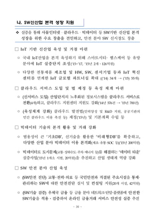 - 39 -
나. SW신산업 본격 성장 지원
v 실증을 통해 사물인터넷・클라우드・빅데이터 등 SW기반 신산업 본격
성장을 위한 수요 창출을 견인하고, 안전 분야 SW 신시장도 창출
□ IoT 기반 신산업 육성 및 거점 마련
◦ 국내 IoT산업을 본격 육성하기 위해 스마트시티· 헬스케어 등 유망
분야에 IoT 실증단지 조성(‘15~’17, ‘15년 2개․126억원)
◦ 다양한 전통제품 제조업 및 HW, S W, 센서기업 둥과 IoT 혁신
센터를 연계한 IoT 글로벌 파트너십 확대 ((‘14) 34개 → (’15) 55개)
□ 클라우드 서비스 도입 및 법 제정 등 육성 체계 마련
◦ (신서비스 도입) 산업단지의 노후화된 정보시스템을 클라우드 서비스로
전환(4개)하고, 클라우드 지원센터 지원도 강화(‘14년 576건 → ’15년 700건)
◦ (육성체계 강화) 클라우드 발전법(인력양성 및 R&D 지원, 공공기관의
민간 클라우드 이용 촉진 등) 제정(’15년) 및 기본계획 수립 등
□ 빅데이터 기술의 본격 활용 및 거래 강화
◦ 범용성이 큰 ‘기초DB’, 신기술을 활용한 ‘미래형D B’를 확충하고,
다양한 산업 분야 빅데이터 이용 본격화(제조 유통 SOC 등)(’15년 200억원)
◦ 빅데이터로 도시문제(교통상하수도주차에너지 등)를 해결하는 ‘데이터 타운’
실증사업(’15년 1개소 시범, 20억원)을 추진하고 산업 생태계 역량 강화
□ S W 안전 분야 산업 육성
◦ (SW안전 진단) 교통·전력·의료 등 국민안전과 직결된 주요시설을통제·
관리하는 SW에 대한 안전진단 실시 및 컨설팅 지원(20개 시설, 42억원)
◦ (SW기술 검증) 우체국 금융 등 금융분야네트워크·단말·플랫폼에 안전한
SW기술을 적용․검증하여 온라인 금융거래 서비스 안전성 실증 추진
 