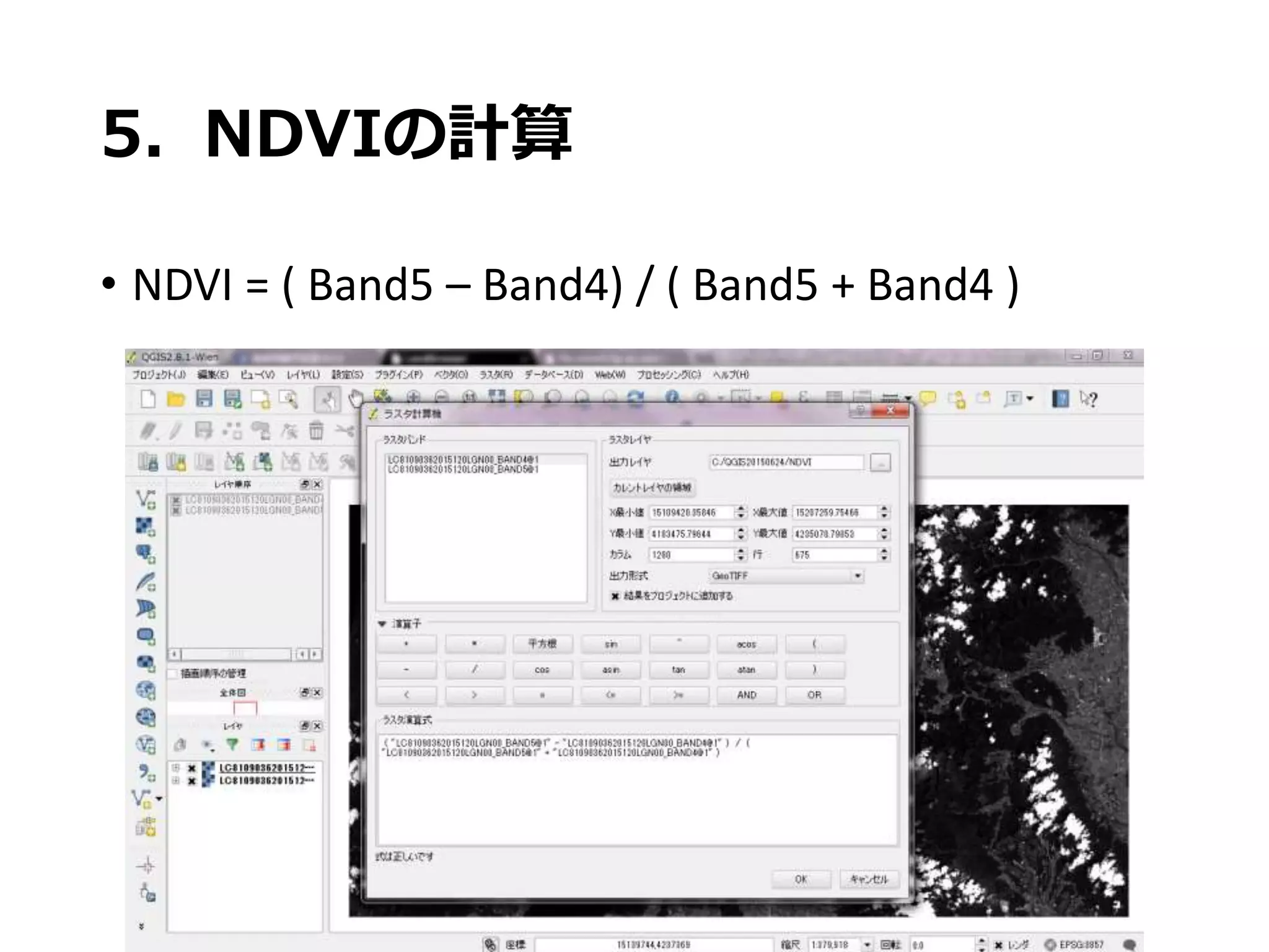 5. NDVIの計算
• NDVI = ( Band5 – Band4) / ( Band5 + Band4 )
 