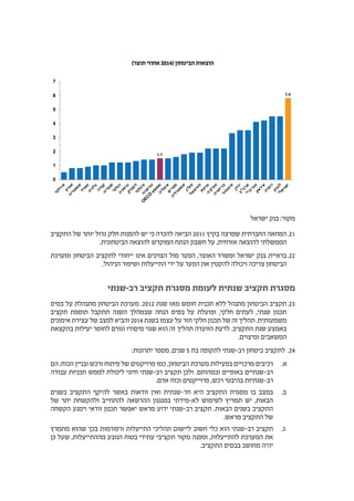 )‫תוצר‬ ‫אחוזי‬ 2014( ‫הביטחון‬ ‫הוצאות‬
‫ישראל‬ ‫בנק‬ :‫מקור‬
2121‫התקציב‬ ‫של‬ ‫יותר‬ ‫גדול‬ ‫חלק‬ ‫להפנות‬ ‫יש‬ ‫כי‬ ‫להכרה‬ ‫הביאה‬ 2011 ‫בקיץ‬ ‫שפרצה‬ ‫החברתית‬ ‫המחאה‬
.‫הביטחונית‬ ‫להוצאה‬ ‫המוקדש‬ ‫הנתח‬ ‫חשבון‬ ‫על‬ ,‫אזרחית‬ ‫להוצאה‬ ‫הממשלתי‬
2222‫ומערכת‬ ‫הביטחון‬ ‫לתקציב‬ ‫ייחודי‬ ‫אינו‬ ‫הצרכים‬ ‫מול‬ ‫הפער‬ ,‫האוצר‬ ‫ומשרד‬ ‫ישראל‬ ‫בנק‬ ‫בראיית‬
.‫הניהול‬ ‫ושיפור‬ ‫התייעלות‬ ‫ידי‬ ‫על‬ ‫הפער‬ ‫את‬ ‫להקטין‬ ‫ויכולה‬ ‫צריכה‬ ‫הביטחון‬
‫רב-שנתי‬ ‫תקציב‬ ‫מסגרת‬ ‫לעומת‬ ‫שנתית‬ ‫תקציב‬ ‫מסגרת‬
2323‫בסיס‬ ‫על‬ ‫מתנהלת‬ ‫הביטחון‬ ‫מערכת‬ .2012 ‫שנת‬ ‫מאז‬ ‫חומש‬ ‫תכנית‬ ‫ללא‬ ‫מתנהל‬ ‫הביטחון‬ ‫תקציב‬
‫תקציב‬ ‫תוספת‬ ‫תתקבל‬ ‫השנה‬ ‫שבמהלך‬ ‫הנחה‬ ‫בסיס‬ ‫על‬ ‫ופועלת‬ ,‫חלקי‬ ‫לעתים‬ ,‫שנתי‬ ‫תכנון‬
‫אימונים‬ ‫עצירת‬ ‫של‬ ‫למצב‬ ‫והביא‬ 2014 ‫בשנת‬ ‫עצמו‬ ‫על‬ ‫חזר‬ ‫חלקי‬ ‫תכנון‬ ‫של‬ ‫זה‬ ‫תהליך‬ .‫משמעותית‬
‫בהקצאת‬ ‫יעילות‬ ‫לחוסר‬ ‫וגורם‬ ‫מיסודו‬ ‫שגוי‬ ‫הוא‬ ‫זה‬ ‫תהליך‬ ‫הוועדה‬ ‫לדעת‬ .‫התקציב‬ ‫שנת‬ ‫באמצע‬
.‫ומיצוים‬ ‫המשאבים‬
2424:‫יתרונות‬ ‫מספר‬ ,‫שנים‬ 5 ‫בת‬ ‫לתקופה‬ ‫רב-שנתי‬ ‫ביטחון‬ ‫לתקציב‬
‫	.א‬‫הם‬ ,‫הכוח‬ ‫ובניין‬ ‫ורכש‬ ‫פיתוח‬ ‫של‬ ‫פרויקטים‬ ‫כמו‬ ,‫הביטחון‬ ‫מערכת‬ ‫בפעילות‬ ‫מרכזיים‬ ‫רכיבים‬
‫עבודה‬ ‫תכניות‬ ‫לממש‬ ‫ליכולת‬ ‫חיוני‬ ‫רב-שנתי‬ ‫תקציב‬ ‫ולכן‬ .‫ובמהותם‬ ‫באופיים‬ ‫רב-שנתיים‬
.‫אדם‬ ‫וכוח‬ ‫פרוייקטים‬ ,‫רכש‬ ‫בהיבטי‬ ‫רב-שנתיות‬
‫	.ב‬‫בשנים‬ ‫התקציב‬ ‫להיקף‬ ‫באשר‬ ‫וודאות‬ ‫ואין‬ ‫חד-שנתית‬ ‫היא‬ ‫התקציב‬ ‫מסגרת‬ ‫בו‬ ‫במצב‬
‫של‬ ‫יתר‬ ‫ולהקשחת‬ ‫להתחייב‬ ‫ההרשאה‬ ‫במנגנון‬ ‫לא-מידתי‬ ‫לשימוש‬ ‫תמריץ‬ ‫יש‬ ,‫הבאות‬
‫הקשחה‬ ‫וימנע‬ ‫וודאי‬ ‫תכנון‬ ‫יאפשר‬ ‫מראש‬ ‫ידוע‬ ‫רב-שנתי‬ ‫תקציב‬ .‫הבאות‬ ‫בשנים‬ ‫התקציב‬
.‫מראש‬ ‫התקציב‬ ‫של‬
‫	.ג‬‫מתמרץ‬ ‫שהוא‬ ‫בכך‬ ‫ורפורמות‬ ‫התייעלות‬ ‫תהליכי‬ ‫ליישום‬ ‫חשוב‬ ‫כלי‬ ‫הוא‬ ‫רב-שנתי‬ ‫תקציב‬
‫כן‬ ‫שעל‬ ,‫מההתייעלות‬ ‫הנובע‬ ‫בטוח‬ ‫עתידי‬ ‫תקציבי‬ ‫מקור‬ ‫ומפנה‬ ,‫להתייעלות‬ ‫המערכת‬ ‫את‬
.‫התקציב‬ ‫בבסיס‬ ‫מחושב‬ ‫יהיה‬
 