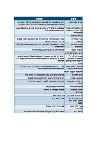 ‫נושא‬‫המלצה‬
‫המו”פ‬ ‫תכנון‬ ‫פורום‬‫את‬ ‫ויתאם‬ ‫שיאכוון‬ ‫מפא”ת‬ ‫ראש‬ ‫בראשות‬ ‫למו”פ‬ ‫תכנון‬ ‫פורום‬ ‫יוקם‬
‫הביטחון‬ ‫במערכת‬ ‫הטכנולוגי‬ ‫האדם‬ ‫כוח‬ ‫ותקנון‬ ‫תעדוף‬ ‫ואת‬ ‫הפיתוח‬
‫בצה”ל‬ ‫מחודשת‬ ‫תקינה‬
‫הנדסיים‬ ‫תפקידים‬ ‫של‬
‫וטכנולוגיים‬
‫הצבאי‬ ‫במיקצועם‬ ‫עוסקים‬ ‫שאינם‬ ‫מהנדסים‬ ‫ושיחרור‬ ‫התקנים‬ ‫צמצום‬
‫להשכלתם‬ ‫הרלווטי‬ ‫בתחום‬
‫משימות‬ ‫אזרוח‬
‫אזרוח‬ ‫מדיניות‬
‫משימות‬
‫העשיה‬ ‫בליבת‬ ‫שאינן‬ ‫משימות‬ ‫לאזרוח‬ ‫יפעלו‬ ‫וצה”ל‬ ‫הביטחון‬ ‫משרד‬
‫הביטחון‬ ‫ומערכת‬ ‫צה”ל‬ ‫של‬
‫משימות‬ ‫אזרוח‬
‫ספציפיות‬
‫מפעל‬ ;)‫(מש”א‬ ‫אחזקה‬ ‫שיקום‬ ‫מרכז‬ :‫את‬ ‫לאזרח‬ ‫יפעל‬ ‫הביטחון‬ ‫משרד‬
‫הרק”מ‬ ‫ייצור‬
‫מימוש‬ ‫תוכנית‬‫האיזרוח‬ ‫תוכניות‬ ‫למימוש‬ ‫זמנים‬ ‫לוחות‬ ‫קביעת‬
‫לאומיים‬ ‫משאבים‬ ‫מיצוי‬
‫ידי‬ ‫על‬ ‫מגבלות‬ ‫הטלת‬
‫על‬ ‫הביטחון‬ ‫מערכת‬
‫במשאבי‬ ‫אזרחי‬ ‫שימוש‬
‫קרקע‬
‫במשאבי‬ ‫שימוש‬ ‫הגבלת‬ ‫המאפשרות‬ ‫והסמכויות‬ ‫הפרקטיקות‬ ‫ייבחנו‬
‫צרכי‬ ‫עם‬ ‫איזון‬ ‫תוך‬ ,‫למינימום‬ ‫ויצומצמו‬ ‫הביטחון‬ ‫מערכת‬ ‫ידי‬ ‫על‬ ‫קרקע‬
‫הביטחון‬
‫קרקע‬ ‫במשאבי‬ ‫שימוש‬
‫הביטחון‬ ‫מערכת‬ ‫ע”י‬
‫ובחינת‬ ‫עידכון‬ ‫תוך‬ ‫והבניה‬ ‫התכנון‬ ‫לחוק‬ ‫המוצע‬ ‫התיקון‬ ‫אימוץ‬
‫הביטחון‬ ‫למערכת‬ ‫המוקנות‬ ‫הסמכויות‬
‫לחומש‬ ‫לתקציב‬ ‫עקרונות‬
‫התקציב‬ ‫גובה‬‫עולה‬ ‫מתווה‬ ‫ולא‬ ‫בחומש‬ ‫וזהה‬ ‫קבוע‬ ‫שנתי‬ ‫תקציב‬ ‫קביעת‬
‫שנתיות‬ ‫התאמות‬‫לצרכן‬ ‫המחירים‬ ‫למדד‬ ‫יוצמד‬ ‫הקבוע‬ ‫השנתי‬ ‫התקציב‬
‫החומש‬ ‫תקציב‬ ‫עיגון‬
‫בחוק‬
‫בחוק‬ ‫יעוגן‬ ‫הביטחון‬ ‫לתקציב‬ ‫המוצע‬ ‫החומש‬ ‫מתווה‬
‫פנימיים‬ ‫מקורות‬‫תקציבי‬ ‫כמקור‬ ‫התייעלות‬
‫מהמתווה‬ ‫חריגה‬
‫התקציבי‬
‫מלחמה‬ ‫או‬ ‫מיתון‬ ‫של‬ ‫במקרה‬
2020 - 2016 ‫לשנים‬ ‫הביטחון‬ ‫תקציב‬ ‫היקף‬
’‫‘נטו‬ ‫התקציב‬ ‫היקף‬
– 2016 ‫בשנים‬ ‫בשנה‬
2020
‫ש״ח‬ ‫מיליארד‬ 59
‫כמקור‬ ‫התייעלות‬
‫תקציבי‬
‫בחומש‬ ‫ש״ח‬ ‫מיליארד‬ 9.6
‫בכ”א‬ ‫ירידה‬2015-‫ב‬ ‫ממוצעת‬ ‫ממצבה‬ 11% ‫של‬ ‫בהיקף‬ ‫קבע‬ ‫בכ”א‬ ‫ירידה‬
 