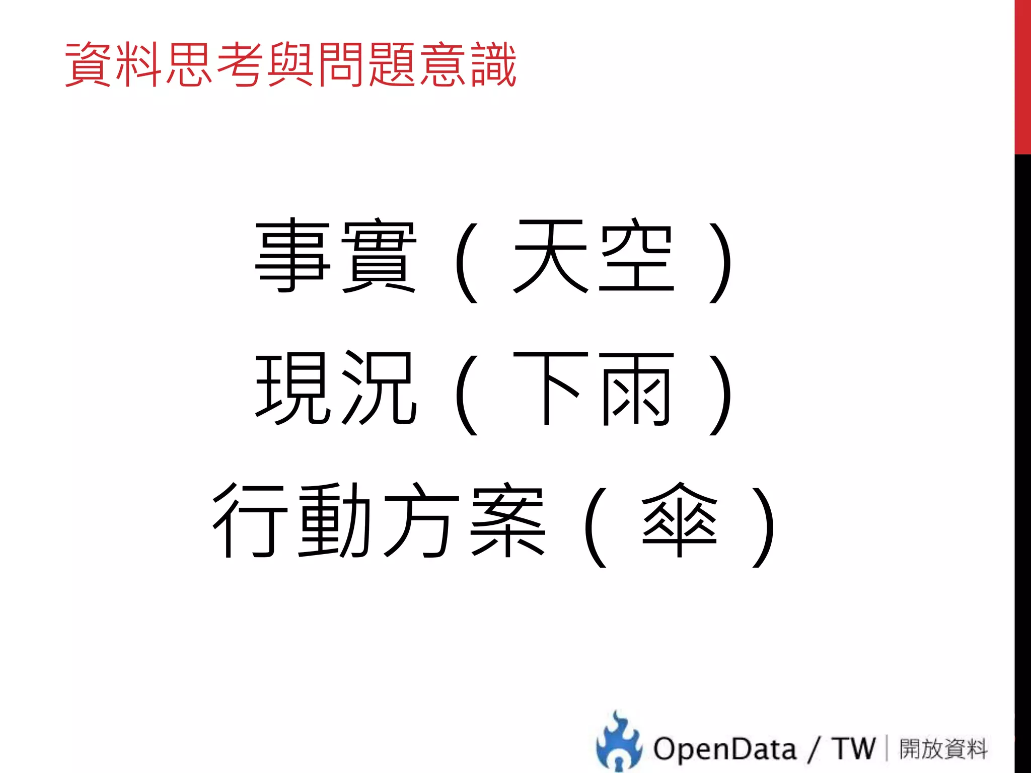 資料思考與問題意識
事實（天空）
現況（下雨）
行動方案（傘）
34
 