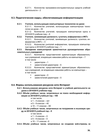 36.
8.2.7.1. Количество программно-инструментальных средств учебной
деятельности – 2
8.3. Педагогические кадры, обеспечивающие информатизацию
8.3. Педагогические кадры, обеспечивающие информатизацию
8.3.1. Учителя, использующие компьютерные технологии на уроке
8.3.1.1. Количество учителей, использующих компьютерные техно-
логии на уроке – 35
8.3.1.2. Количество учителей, прошедших компьютерные курсы в
2014/2015 учебном году – 6
8.3.2. Учителя, занимающие должность «учитель информатики и ИКТ»
8.3.2.1. Количество учителей, занимающих должность «учитель ин-
форматики и ИКТ» – 3
8.3.2.2. Количество учителей информатики, прошедших компьютер-
ные курсы в 2014/2015 учебном году – 1
8.3.3. Овладение компьютерной грамотностью руководителями обра-
зовательных учреждений
8.3.3.1. Количество представителей администрации образователь-
ных учреждений, владеющих навыками работы на компьютере – 7
в том числе:
 директоров – 1
 заместителей директоров – 6
8.3.3.2. Количество представителей администрации образователь-
ных учреждений, не владеющих навыками работы на компьютере –
в том числе:
 директоров – 0
 заместителей директоров – 0
8.4. Формы использования ресурсов сети Интернет
8.4. Формы использования ресурсов сети Интернет
8.4.1. Использование ресурсов сети Интернет в учебной деятельности на
уроке в 2014/2015 учебном году.
8.4.2. Объём учебных часов, затраченных на поиск необходимой инфор-
мации за 2014/2015 учебный год – 100
в том числе:
в 1 – 4 классах – нет
в 5 – 9 классах – 40
в 10 – 11 классах – 60
8.4.3. Объём учебных часов, затраченных на погружение в языковую сре-
ду за 2014/2015 учебный год – 0
в том числе:
в 1 – 4 классах – 0
в 5 – 9 классах – 0
в 10 – 11 классах –0
8.4.4. Объём учебных часов, затраченных на создание web-страниц за
 