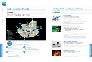 2030SeoulPlan·InvestmentattractionofMagok
창동
상계
동두천
남양주
성남
수원
인천
파주
청량리
왕십리
상암
수색
용산
망우
미아
연신내
불광
성수
남산
북악산
공덕
목동
봉천
동대문신촌
마곡
가산
대림
잠실강남
한양
도성
여의도
영등포
동남권서남권
서북권
도심권
동북권
용마산
덕양산
북한산
관악산
사당
이수
수서
문정
천호
길동
Seoul City Wall
Gangnam
Yeouido,
Yeongdeungpo
Sangam, Susaek Cheongnyangni,
Wangsimni
Yongsan
Magok
Bukhansan Mountain
Deogyangsan Mountain
Yongmasan Mountain
Gasan, Daerim
Jamsil
Seoul City Wall
Gangnam
Yeouido,
Yeongdeungpo
Sangam, Susaek Cheongnyangni,
Wangsimni
Changdong,
Sanggye
Yongsan
Magok
Bukhansan Mountain
Deogyangsan Mountain
Yongmasan Mountain
Gwanaksan Mountain
Gasan, Daerim
Jamsil
서남권
Southwestern
area
마곡 : 신규 지식기반산업을 창출(바이오산업 등)
Magok, a center of new knowledge-based industries (such as the bio industry, etc.)
가산·대림 : 창조지식기반 고용가능 확충
Gasan/Daerim, expansion of creative knowledge-based employment
마곡 : 7대광역중심 (새로운 서울의 부도심)
Magok : One of seven metropolitan centers (new sub-centers of Seoul)
RD 인력 수급 최적지
•78만 사업체와 37개 대학교가 모인 산학연의 중심
•서울시내에 위치하여 국내외 고급연구 인력 확보 용이
•광역중심지, 상주·유동인구 풍부
Ideal location for RD manpower supply and demand
•780,000 companies and 37 colleges
•Its location makes it convenient to secure talented human resources from
Korea and overseas.
•As a sub-center of Seoul, it has large settled and floating populations.
탁월한 교통 인프라
•지하철 3개노선(5,9호선, 공항철도), 6개 지하철역 인접
•공항철도 마곡역을 이용하여 공항 도심 접근성 수월
•풍부한 간선도로망으로 인해 수도권 이동 용이
- 올림픽대로, 남부순환로 인접, 공항로, 발산로가 지구 중심을 관통, 	
강서로, 방화로 인접
Excellent traffic infrastructure
•Close to three subway lines (Lines 5 and 9, and the airport railroad) and six
subway stations.
•Magok Station on the airport railroad offers easy and convenient access to
central Seoul.
•The network of main roads makes it easy to travel to the metropolitan area.
- Olympic Expressway and Nambu Expressway are nearby, Airport Expressway
and Balsan Expressway pass through the district, and Gangseo Expressway
and Banghwa Expressway are close.
서울시내 토지가격대비 저렴한 분양가
•산업시설 용지 조성원가 공급 (약 3,240,000원/㎡, 3,166 USD/㎡)
•마곡 RD산업단지 인근 준공업지역 토지 시세의 60%수준
Low sales price in comparison with the average land price in Seoul
•Provided at the cost of developing industrial land (about KRW 3,240,000/㎡,
USD 3,166/㎡)
•60% of the land price of the neighboring semi-industrial district
쾌적한 업무환경 및 문화시설
•산업단지 중앙에 대형 공원 조성 및 전 지역 녹지 축 연결
•백화점, 대형마트, 문화센터 등 편의시설
Fresh and comfortable work environment and cultural facilities
•Large park is located at the center of the industrial complex, and an
ecological axis is formed over the whole area.
•Department store, superstore, culture center, etc.
재생/발전축
Axis of regeneration/development
3도심 연계축
Axis linking three downtown areas
국제적 중심지 (3도심)
International center (3 downtown areas)
광역적 중심지(7광역중심)
Metropolitan center (7 metropolitan areas)
지역적 중심지 (12지역 중심)
Regional center (12 regional areas)
외사산
Oesasan Mountain
내사산
Naesasan Mountain
한강 및 지천
Hangang River and Tributary
한양도성(성곽)
Seoul City Wall
도심권
용산 : 국제업무등 고차 업무기능을 흡수
Yongsan : high-level work including international business
Central area 서북권
상암·수색 : 서북부 광역고용기반을 구축
Sangam·Susaek : Establishment of employment basis 	
for the northwestern area of Seoul
Northwestern area
동북권
청량리·왕십리 : 환승역세권의 잠재력을 활용
창동·상계: 지역고용기반을 구축(IT융합 등)
Cheongyangri·Wangsimri : potential of adjacent areas to
transfer stations
Changdong·Sanggye : Establishment of regional
employment(IT convergence, etc.)
Northeastern area 동남권
잠실 : 강남 도심과 연계(고차업무, MICE)
Jamsil : which is connected to Gangnam (high-level work,
MICE)
Southeastern area
2030 SEOUL PLAN
2030서울플랜
Investment attraction of
Magok
마곡 투자의 매력
16
MagokDistrctofSeoul
SEOUL
MAGOK
17
MagokDistrctofSeoul
2030서울플랜·투자의매력
 