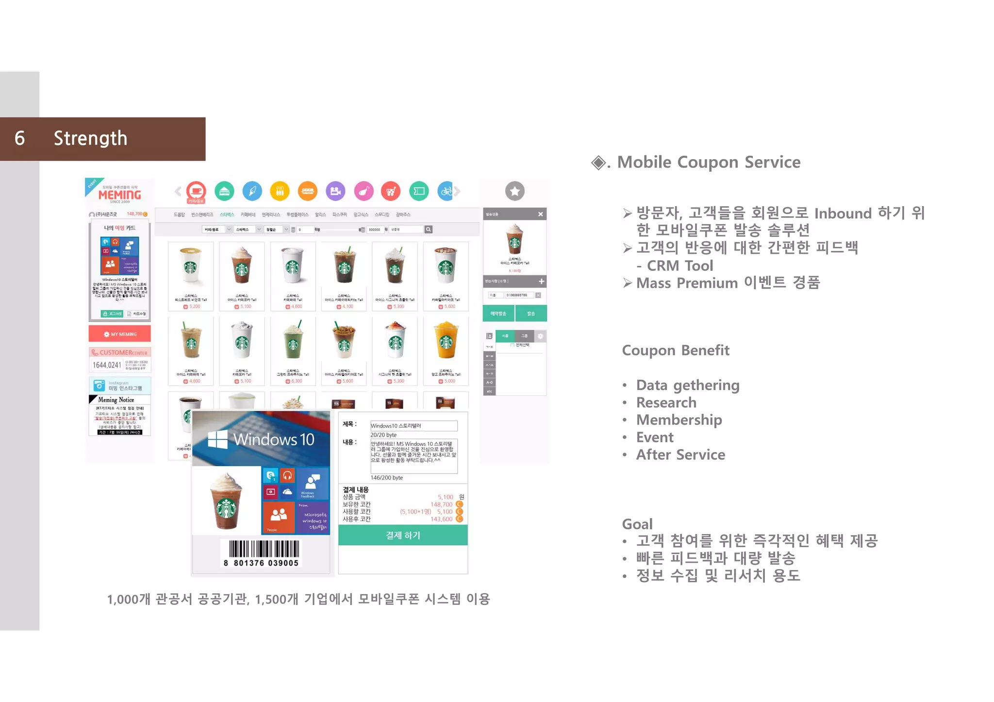 6 Strength
◈. Mobile Coupon Service
Coupon Benefit
• Data gethering
• Research
• Membership
• Event
• After Service
Goal
• 고객 참여를 위한 즉각적인 혜택 제공
• 빠른 피드백과 대량 발송
• 정보 수집 및 리서치 용도
방문자, 고객들을 회원으로 Inbound 하기 위
한 모바일쿠폰 발송 솔루션
고객의 반응에 대한 간편한 피드백
- CRM Tool
Mass Premium 이벤트 경품
1,000개 관공서 공공기관, 1,500개 기업에서 모바일쿠폰 시스템 이용
 