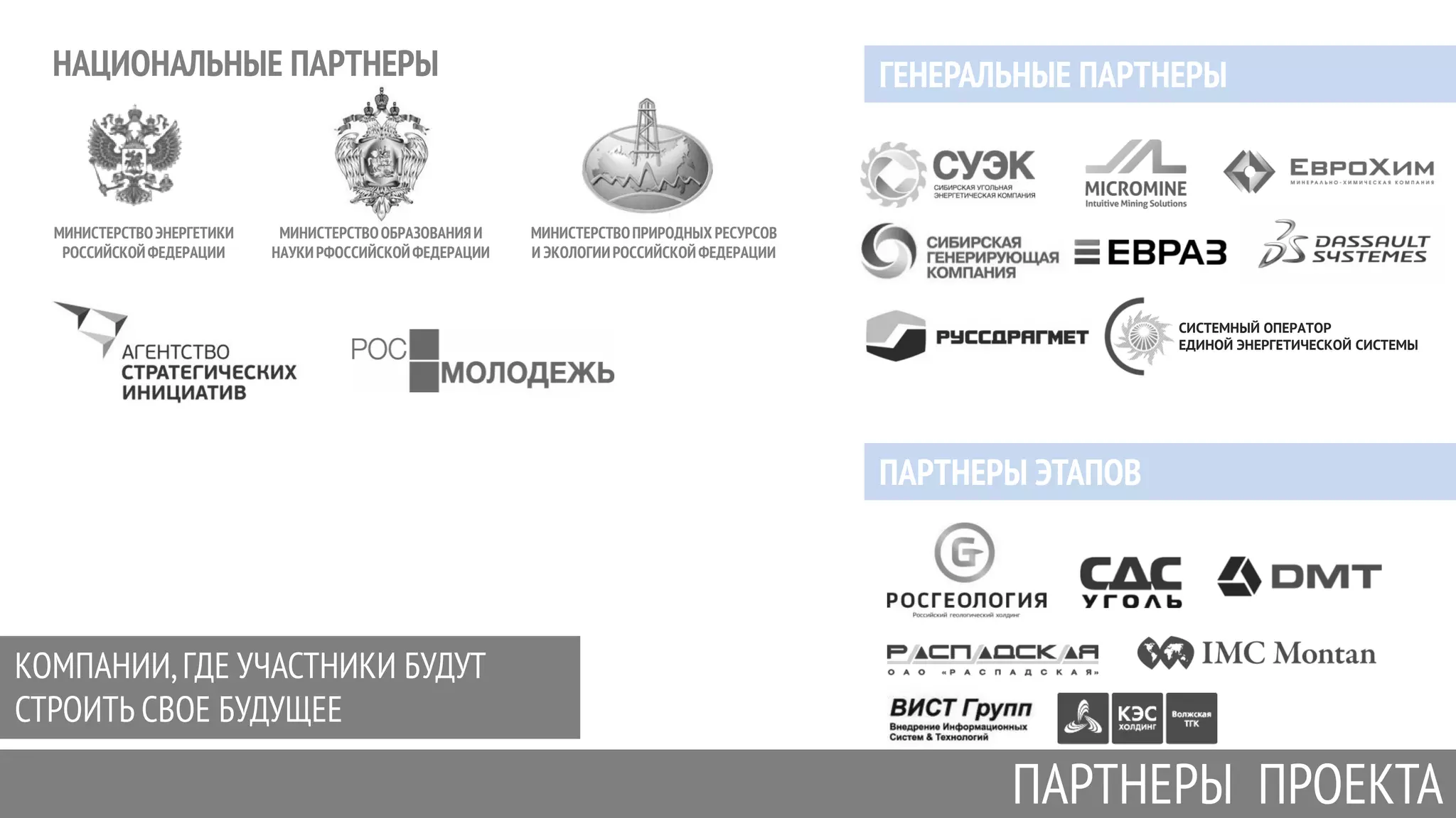 ОТБОРОЧНЫЕ ЭТАПЫ ПРОШЛИ
В СЛЕДУЮЩИХ ВУЗах (февраль – май 2015)
ПАРТНЕРЫ ЭТАПОВ
НАЦИОНАЛЬНЫЕ ПАРТНЕРЫ
КОМПАНИИ,ГДЕ УЧАСТНИКИ БУДУТ
СТРОИТЬ СВОЕ БУДУЩЕЕ
ПАРТНЕРЫ ПРОЕКТА
ГЕНЕРАЛЬНЫЕ ПАРТНЕРЫ
МИНИСТЕРСТВОЭНЕРГЕТИКИ
РОССИЙСКОЙФЕДЕРАЦИИ
МИНИСТЕРСТВООБРАЗОВАНИЯИ
НАУКИРФОССИЙСКОЙФЕДЕРАЦИИ
МИНИСТЕРСТВОПРИРОДНЫХ РЕСУРСОВ
И ЭКОЛОГИИРОССИЙСКОЙФЕДЕРАЦИИ
СИСТЕМНЫЙ ОПЕРАТОР
ЕДИНОЙ ЭНЕРГЕТИЧЕСКОЙ СИСТЕМЫ
 