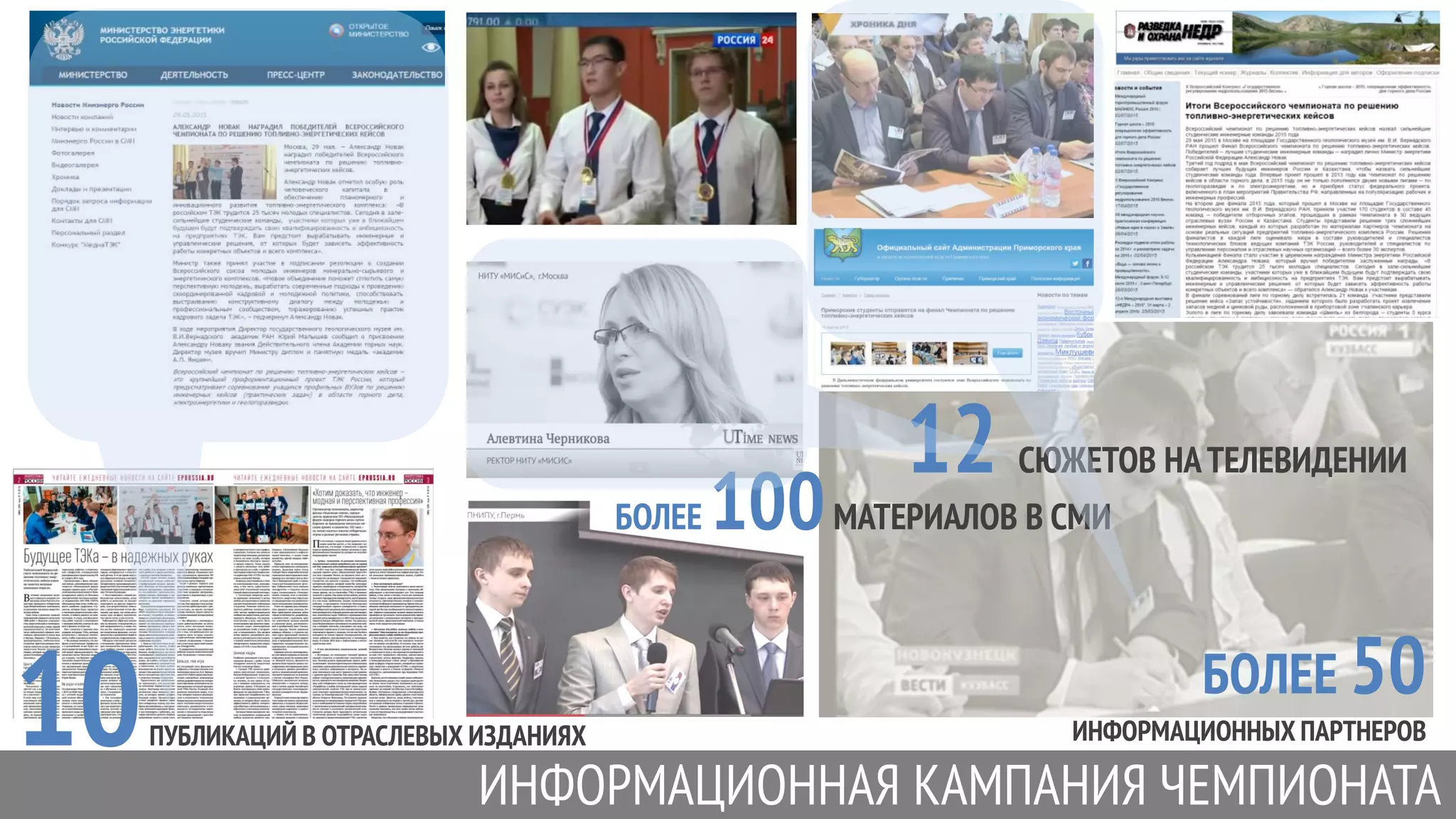 ИНФОРМАЦИОННАЯ КАМПАНИЯ ЧЕМПИОНАТА
БОЛЕЕ 50
ИНФОРМАЦИОННЫХ ПАРТНЕРОВ
12 СЮЖЕТОВ НАТЕЛЕВИДЕНИИ
10ПУБЛИКАЦИЙ В ОТРАСЛЕВЫХ ИЗДАНИЯХ
БОЛЕЕ 100МАТЕРИАЛОВ В СМИ
 