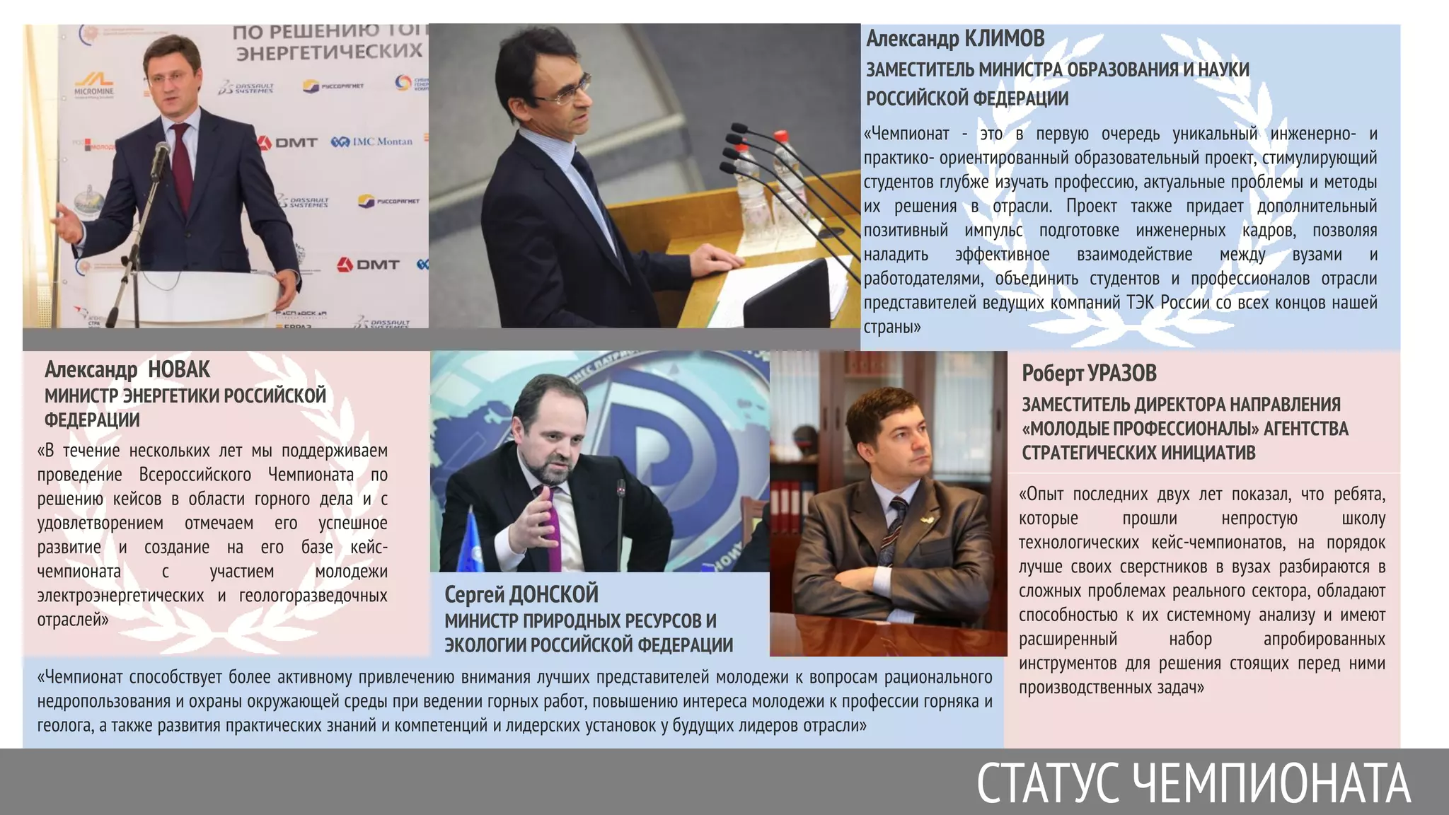 «Чемпионат способствует более активному привлечению внимания лучших представителей молодежи к вопросам рационального
недропользования и охраны окружающей среды при ведении горных работ, повышению интереса молодежи к профессии горняка и
геолога, а также развития практических знаний и компетенций и лидерских установок у будущих лидеров отрасли»
«Опыт последних двух лет показал, что ребята,
которые прошли непростую школу
технологических кейс-чемпионатов, на порядок
лучше своих сверстников в вузах разбираются в
сложных проблемах реального сектора, обладают
способностью к их системному анализу и имеют
расширенный набор апробированных
инструментов для решения стоящих перед ними
производственных задач»
РобертУРАЗОВ
ЗАМЕСТИТЕЛЬ ДИРЕКТОРА НАПРАВЛЕНИЯ
«МОЛОДЫЕ ПРОФЕССИОНАЛЫ» АГЕНТСТВА
СТРАТЕГИЧЕСКИХ ИНИЦИАТИВ«В течение нескольких лет мы поддерживаем
проведение Всероссийского Чемпионата по
решению кейсов в области горного дела и с
удовлетворением отмечаем его успешное
развитие и создание на его базе кейс-
чемпионата с участием молодежи
электроэнергетических и геологоразведочных
отраслей»
Александр НОВАК
МИНИСТР ЭНЕРГЕТИКИ РОССИЙСКОЙ
ФЕДЕРАЦИИ
«Чемпионат - это в первую очередь уникальный инженерно- и
практико- ориентированный образовательный проект, стимулирующий
студентов глубже изучать профессию, актуальные проблемы и методы
их решения в отрасли. Проект также придает дополнительный
позитивный импульс подготовке инженерных кадров, позволяя
наладить эффективное взаимодействие между вузами и
работодателями, объединить студентов и профессионалов отрасли
представителей ведущих компаний ТЭК России со всех концов нашей
страны»
Александр КЛИМОВ
ЗАМЕСТИТЕЛЬ МИНИСТРА ОБРАЗОВАНИЯ И НАУКИ
РОССИЙСКОЙ ФЕДЕРАЦИИ
СТАТУС ЧЕМПИОНАТА
Сергей ДОНСКОЙ
МИНИСТР ПРИРОДНЫХ РЕСУРСОВ И
ЭКОЛОГИИ РОССИЙСКОЙ ФЕДЕРАЦИИ
 