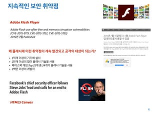 지속적인 보안 취약점
6
Adobe Flash Player
Adobe Flash use-after-free and memory corruption vulnerabilities
(CVE-2015-5119, CVE-2015-5122, CVE-2015-5123)
2015년 7월 Published
• 5억개 이상의 기기에 설치
• 2만개 이상의 앱이 플래시 기술을 사용
• 페이스북 게임 Top 25개 중 24개가 플래시 기술을 사용
• 3백만 이상의 개발자
왜 플래시에 이런 취약점이 계속 발견되고 공격의 대상이 되는가?
HTML5 Canvas
 